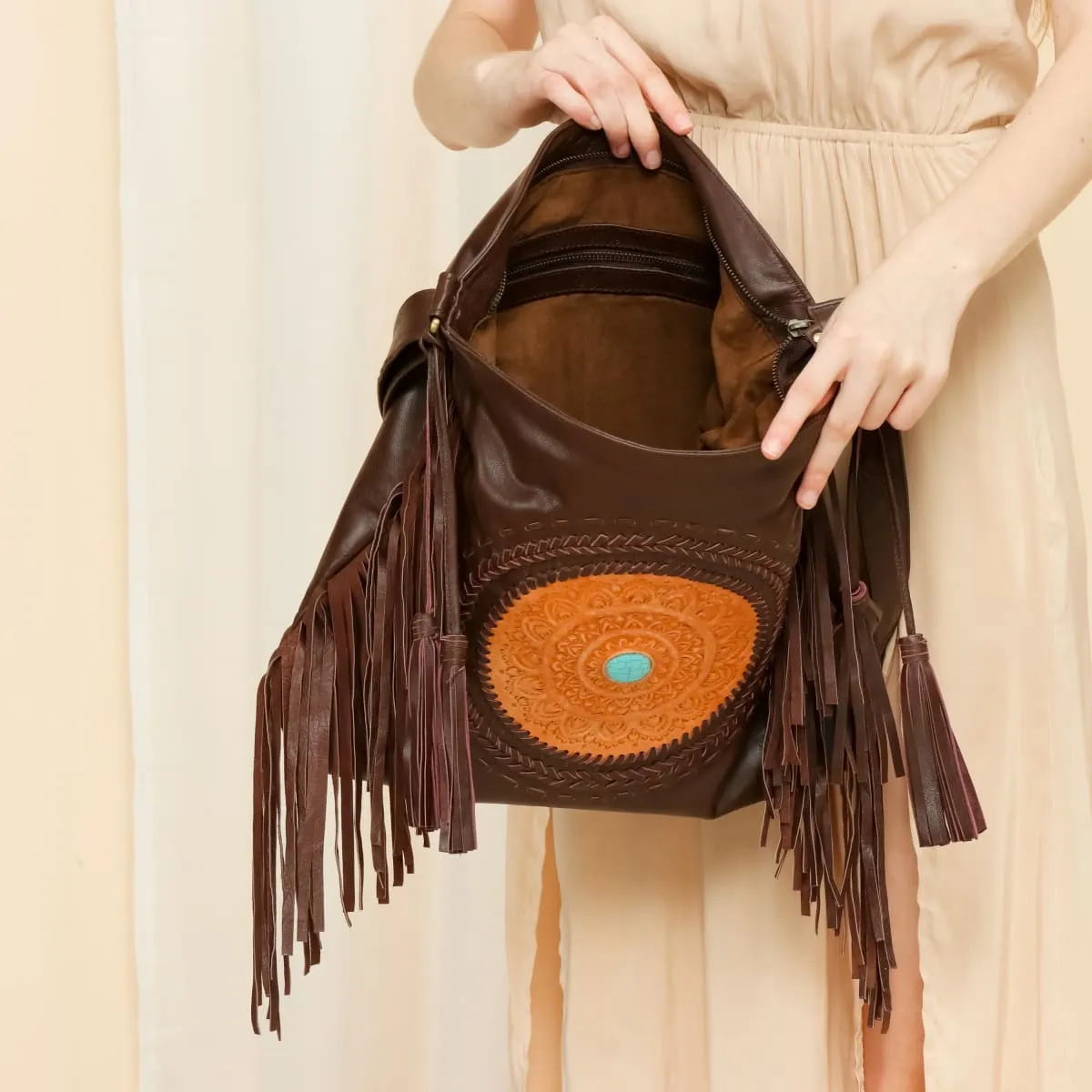 Leather Messenger Bag with Turquoise, Mandala Bag for Women