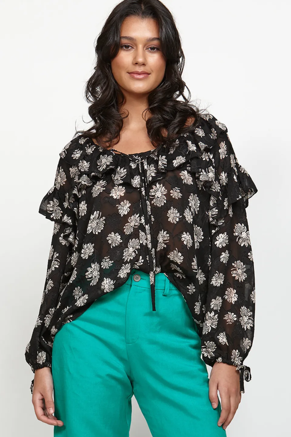 Montage Black Natural Floral LS Top