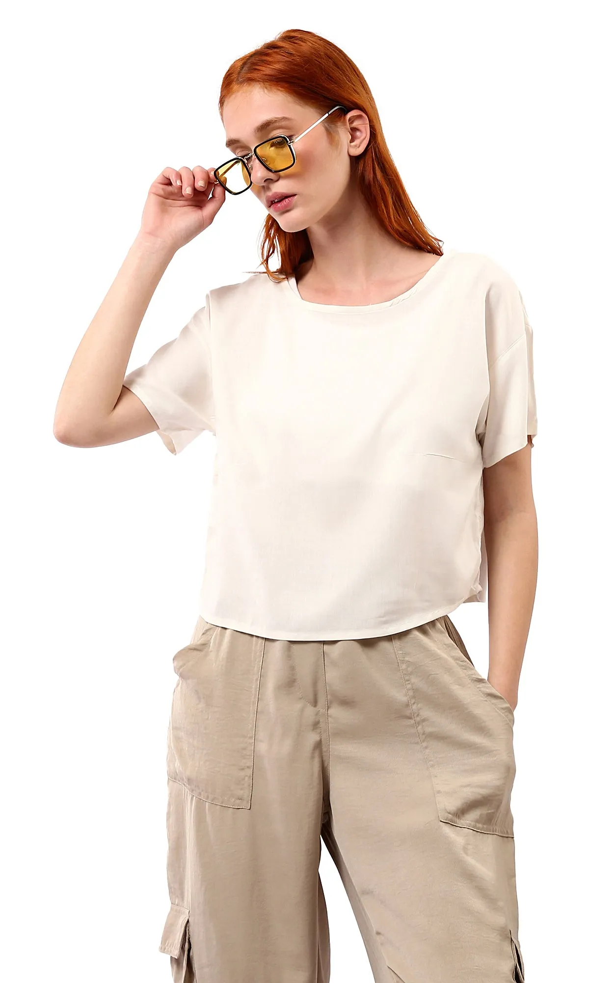 O179176 Wide Round Neck Solid Pastel Beige Blouse