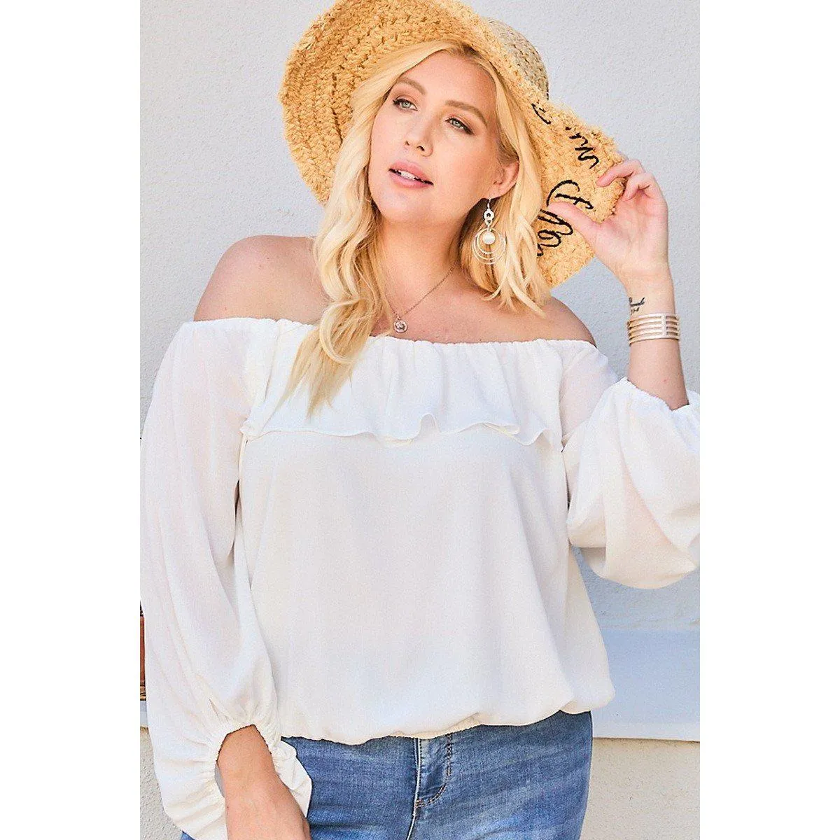 Off Shoulder Ruffle Bubble Sleeve Top