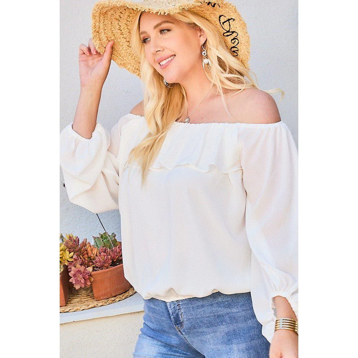 Off Shoulder Ruffle Bubble Sleeve Top