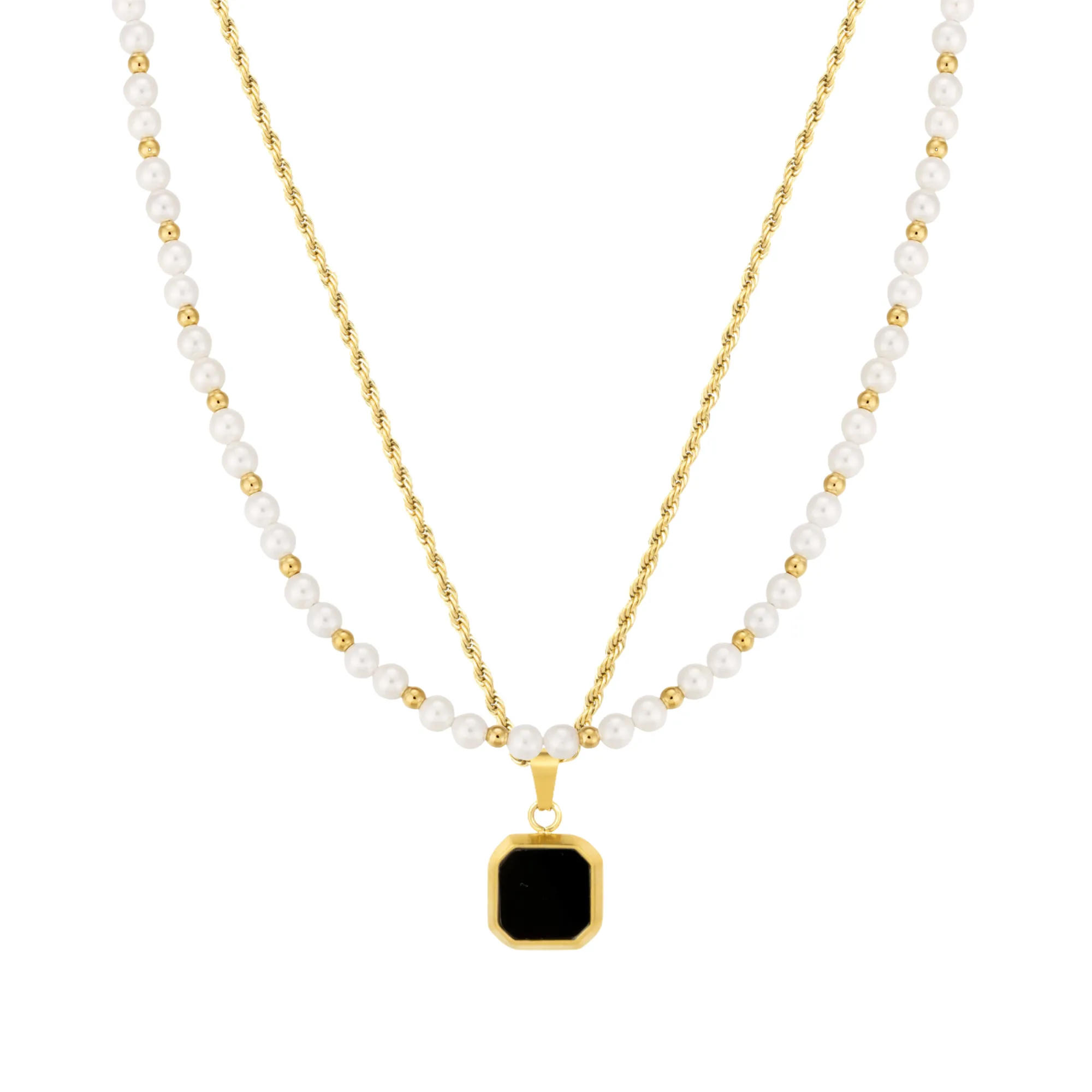 Onyx & Pearl Chain Set - (Gold)