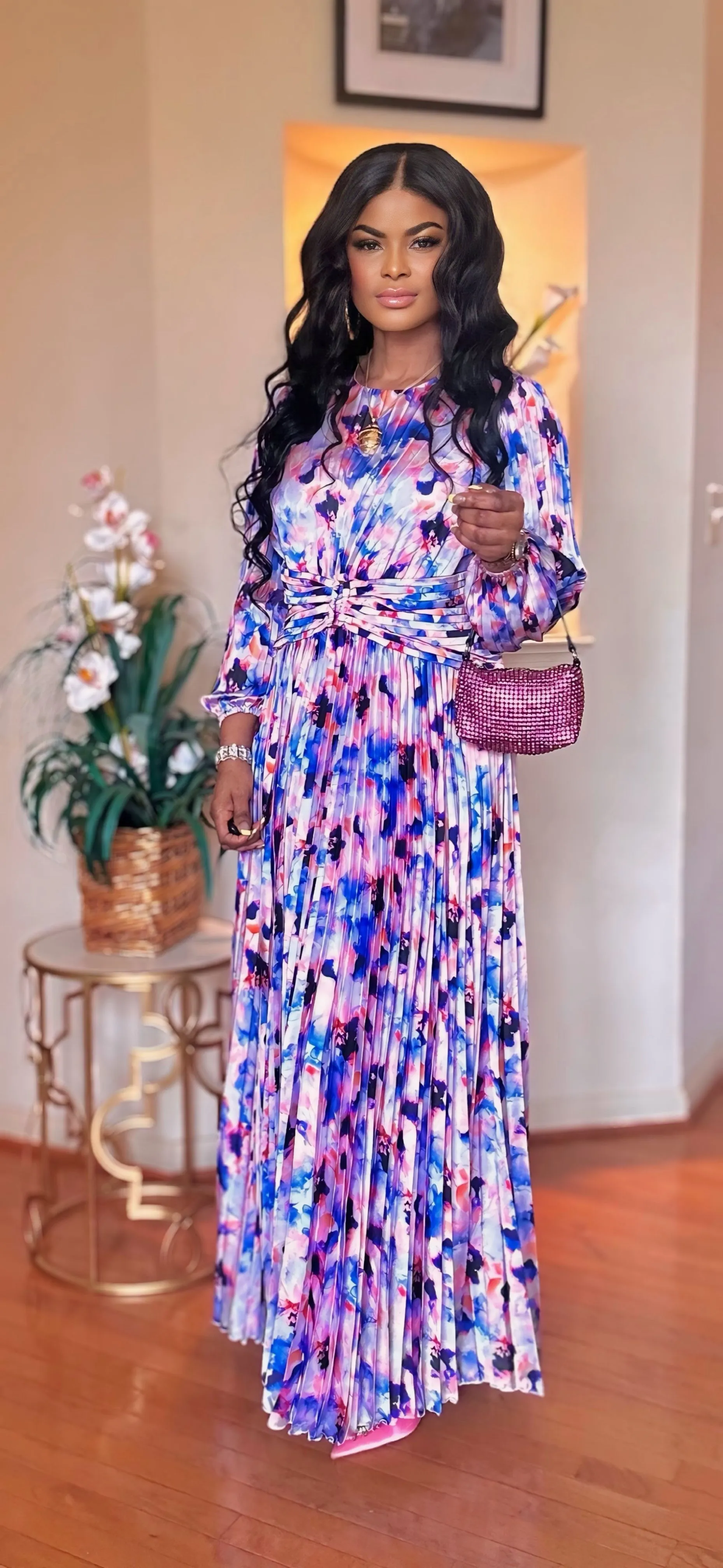 PLEATED MAXI LONG SLEEVE DRESS(MULTI COLOR)