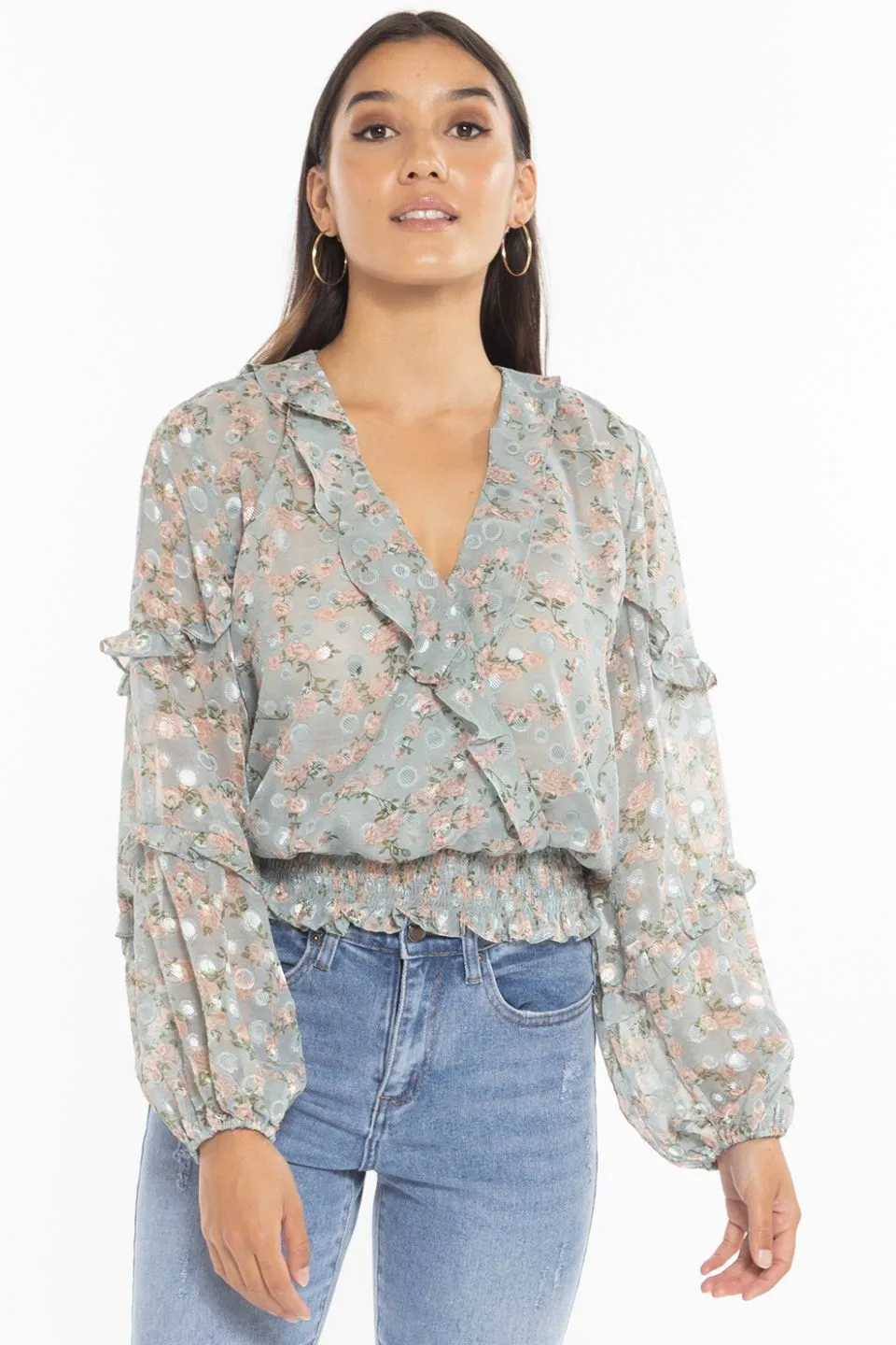 Plentiful Mint Rose Dobby LS Frill Neck Blouse