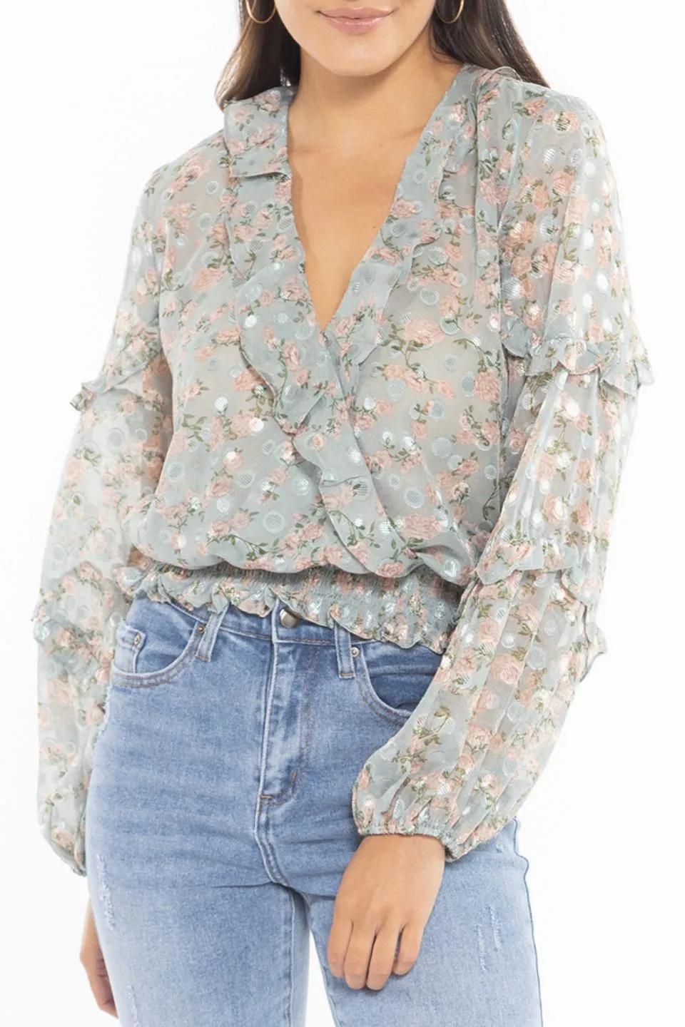 Plentiful Mint Rose Dobby LS Frill Neck Blouse