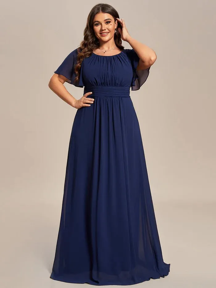 Plus Round Neck Pleated Evening Dress