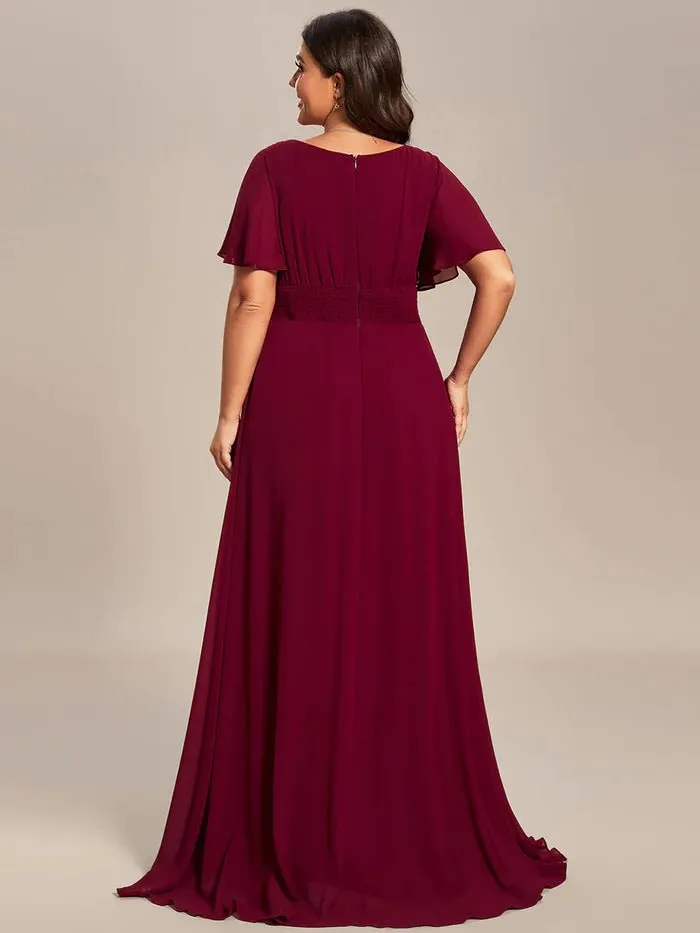 Plus Round Neck Pleated Evening Dress