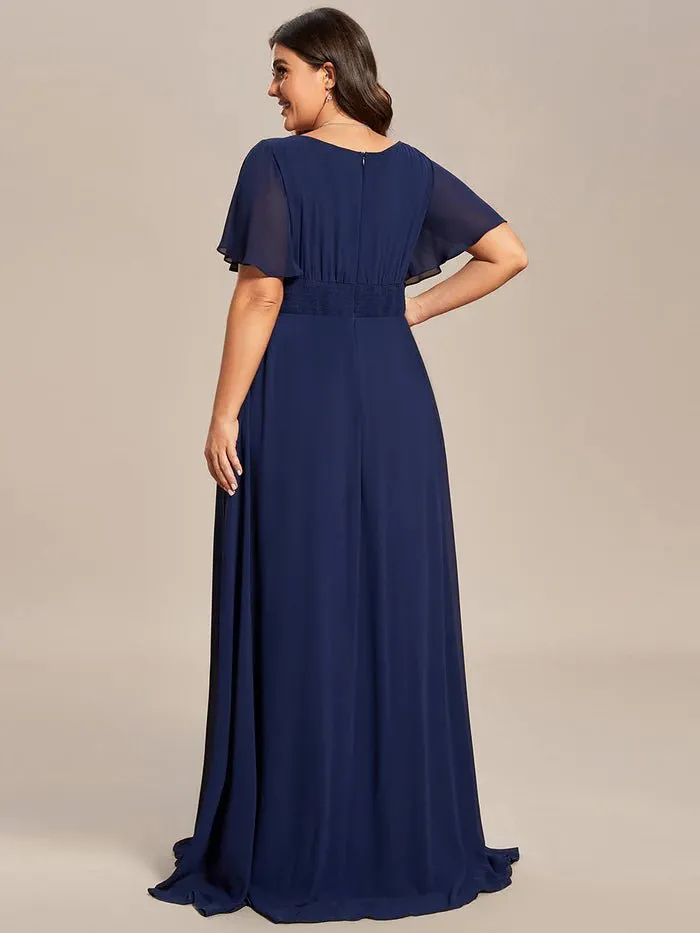 Plus Round Neck Pleated Evening Dress