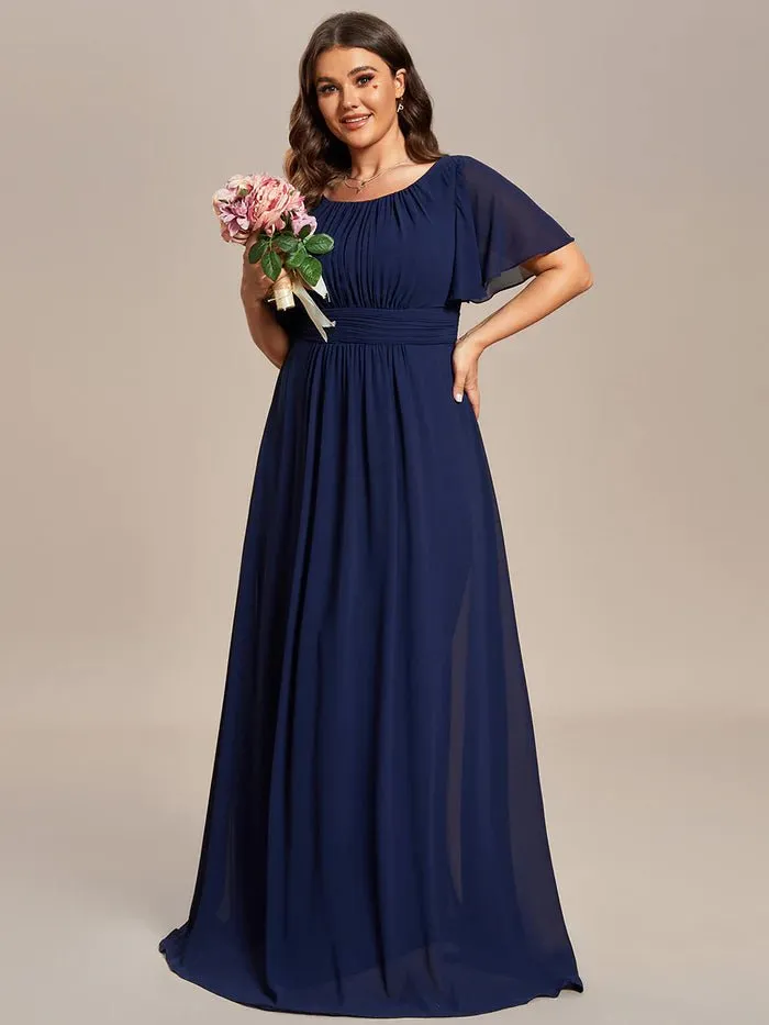 Plus Round Neck Pleated Evening Dress