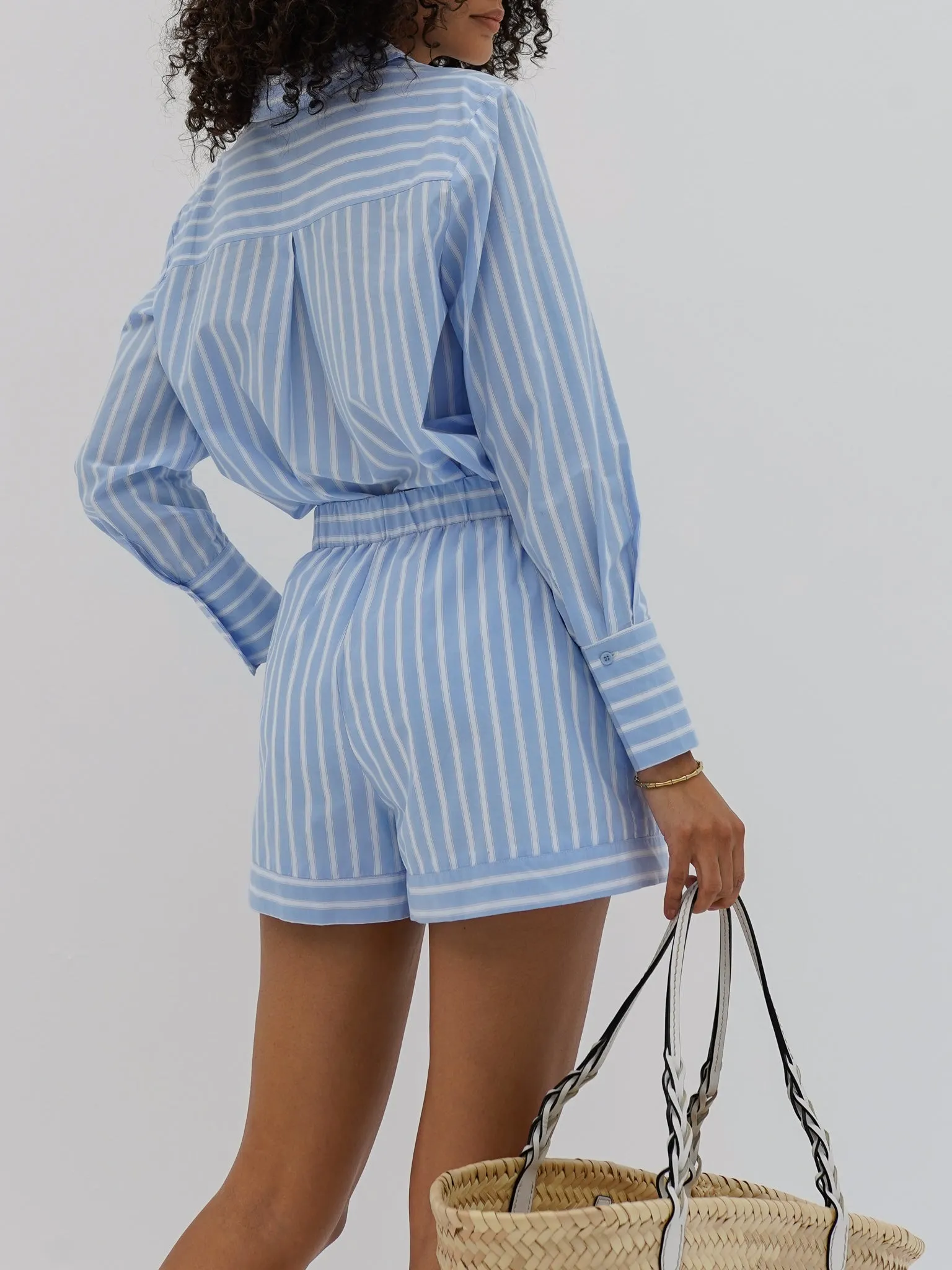 Portia Cotton Stripe Day Shorts | Sky Blue