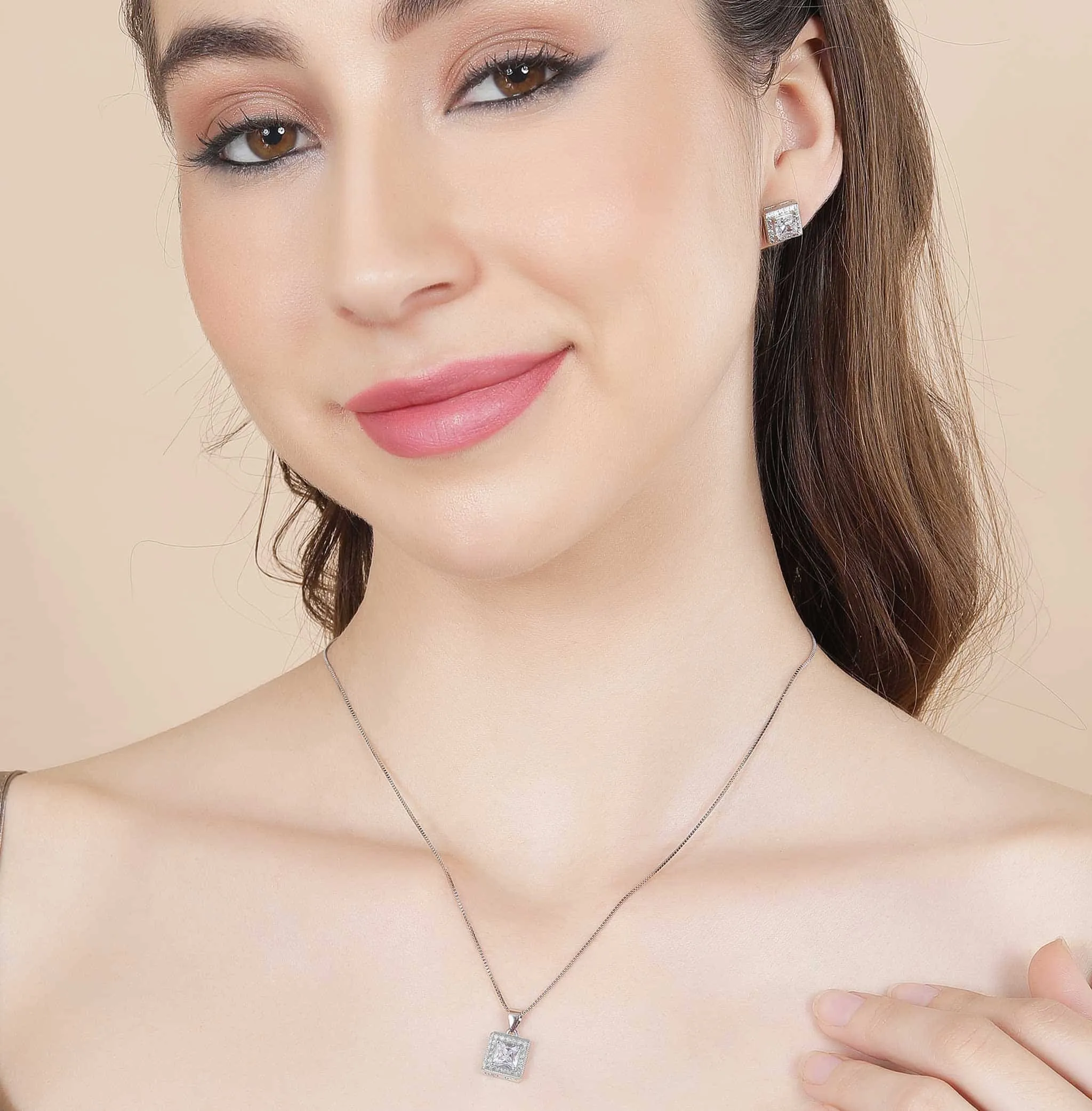 Pure 925 Silver Square Necklace Set with Chain and Earring