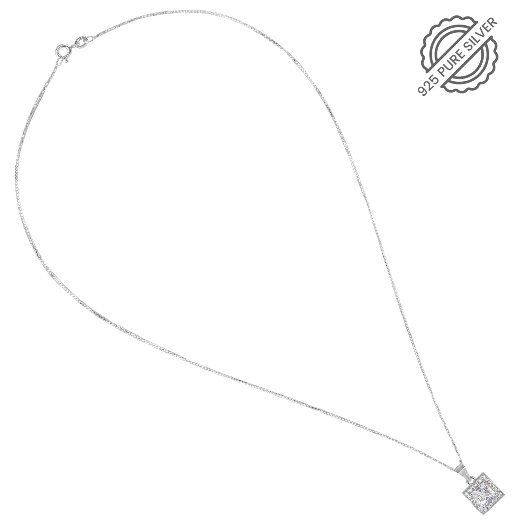 Pure 925 Silver Square Necklace Set with Chain and Earring