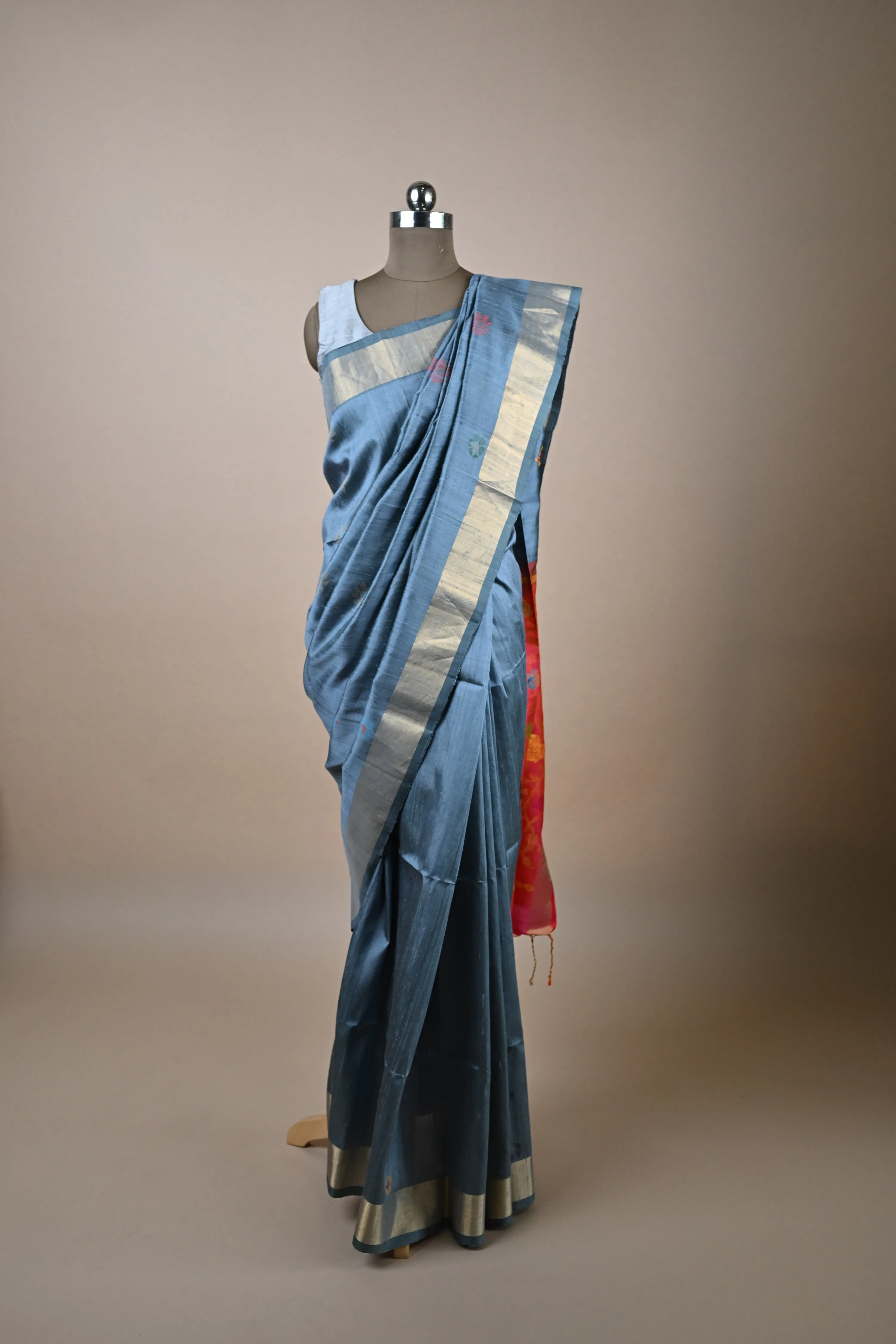 Pure Bhagalpuri grey silk handloom saree