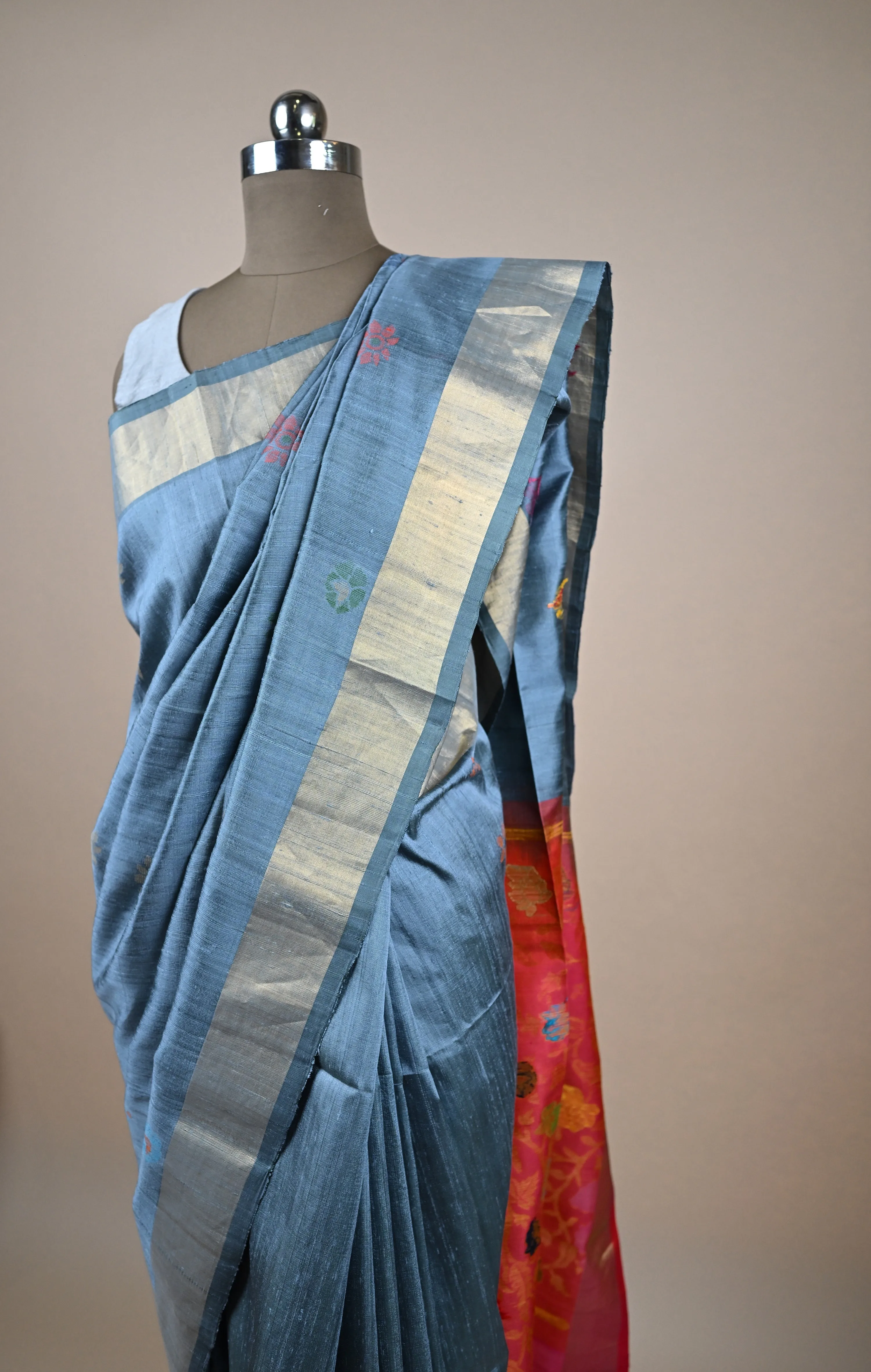 Pure Bhagalpuri grey silk handloom saree