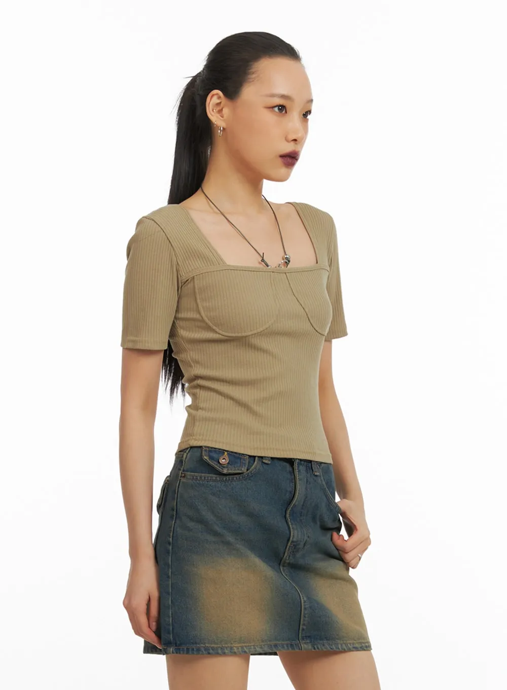 Ribbed Slim Fit Square Neck Top IA417