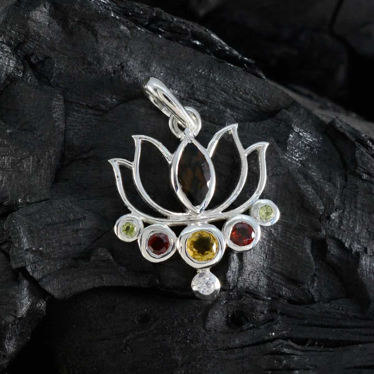 Riyo Alluring Gemstone Multi Faceted Multi Color Multi Stone Sterling Silver Pendant Gift For Handmade