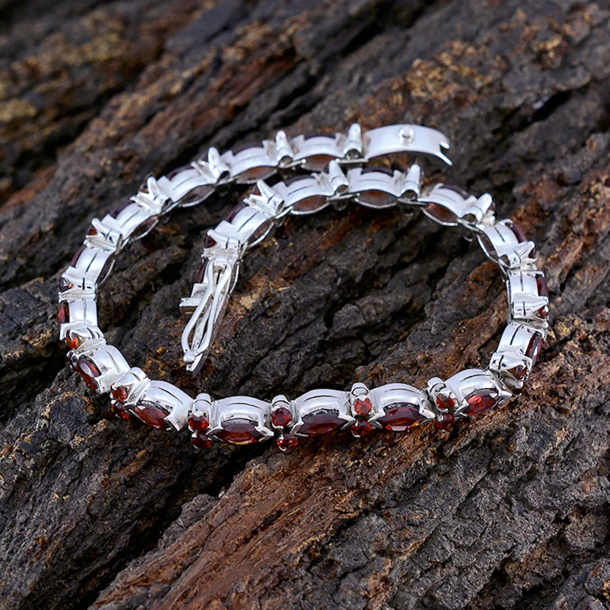 Riyo Classical 925 Sterling Silver Bracelet For Girls Garnet Bracelet Prong Setting Bracelet with Box With Tongue Link Tennis Bracelet L Size 6-8.5 Inch.