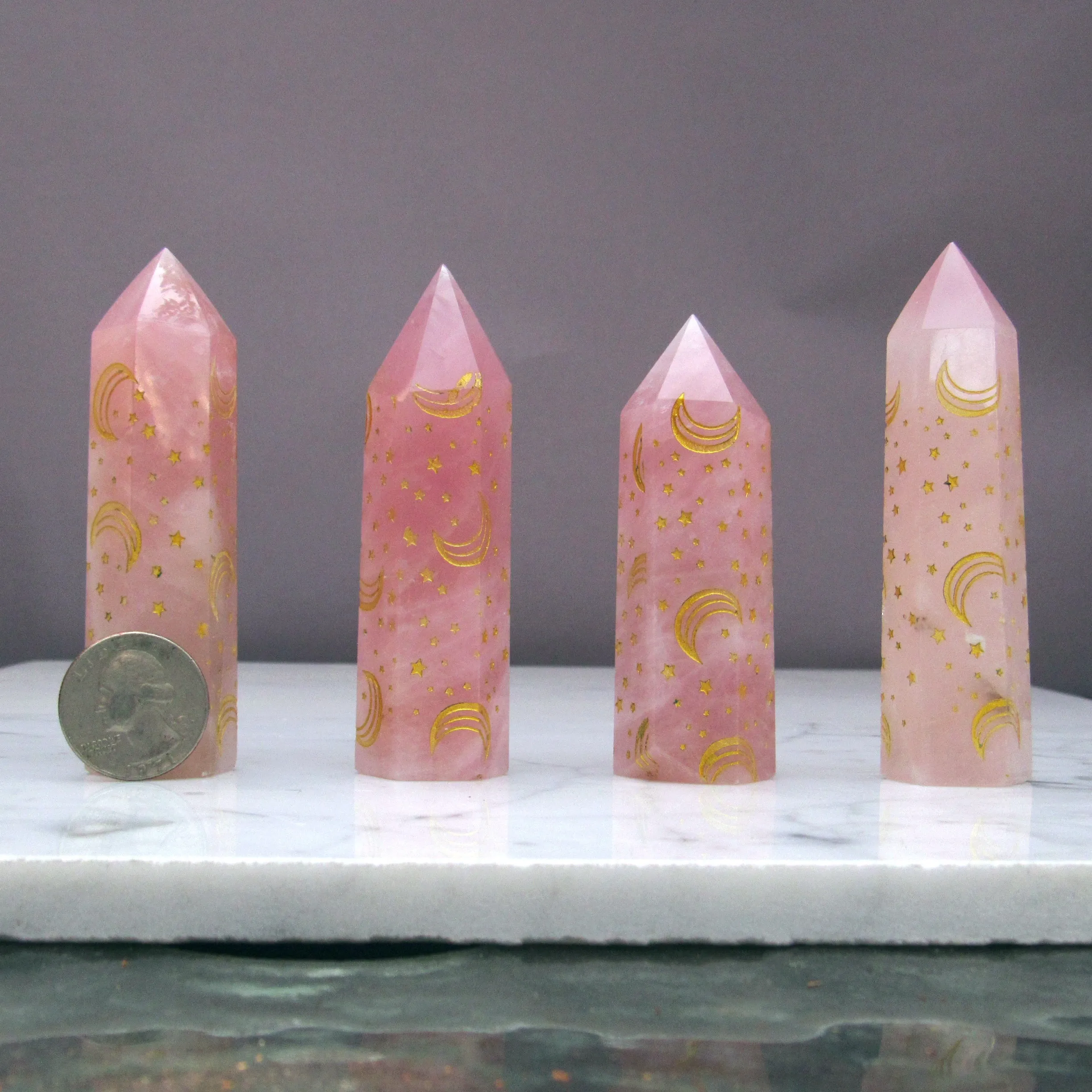 Rose Quartz gemstone healing wands with moons and star designs