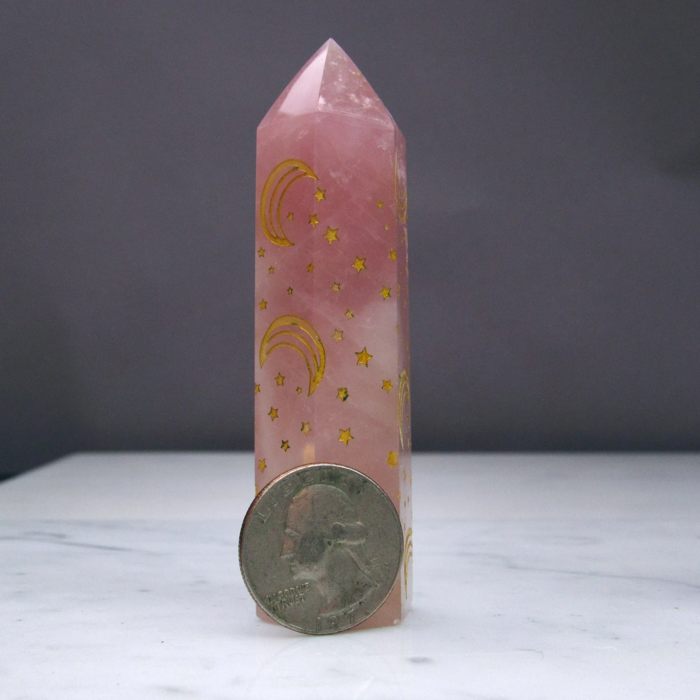 Rose Quartz gemstone healing wands with moons and star designs