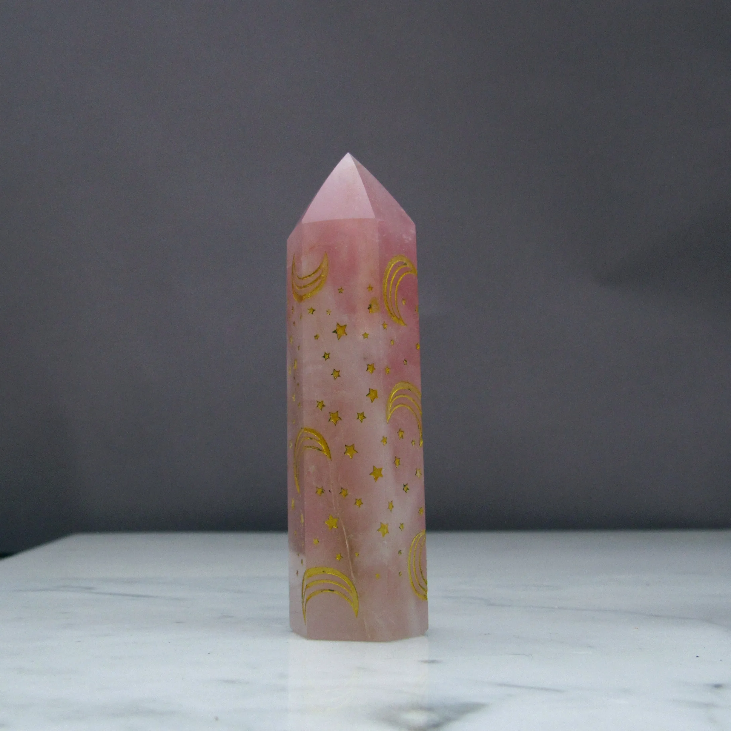 Rose Quartz gemstone healing wands with moons and star designs