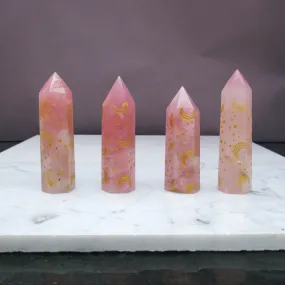 Rose Quartz gemstone healing wands with moons and star designs