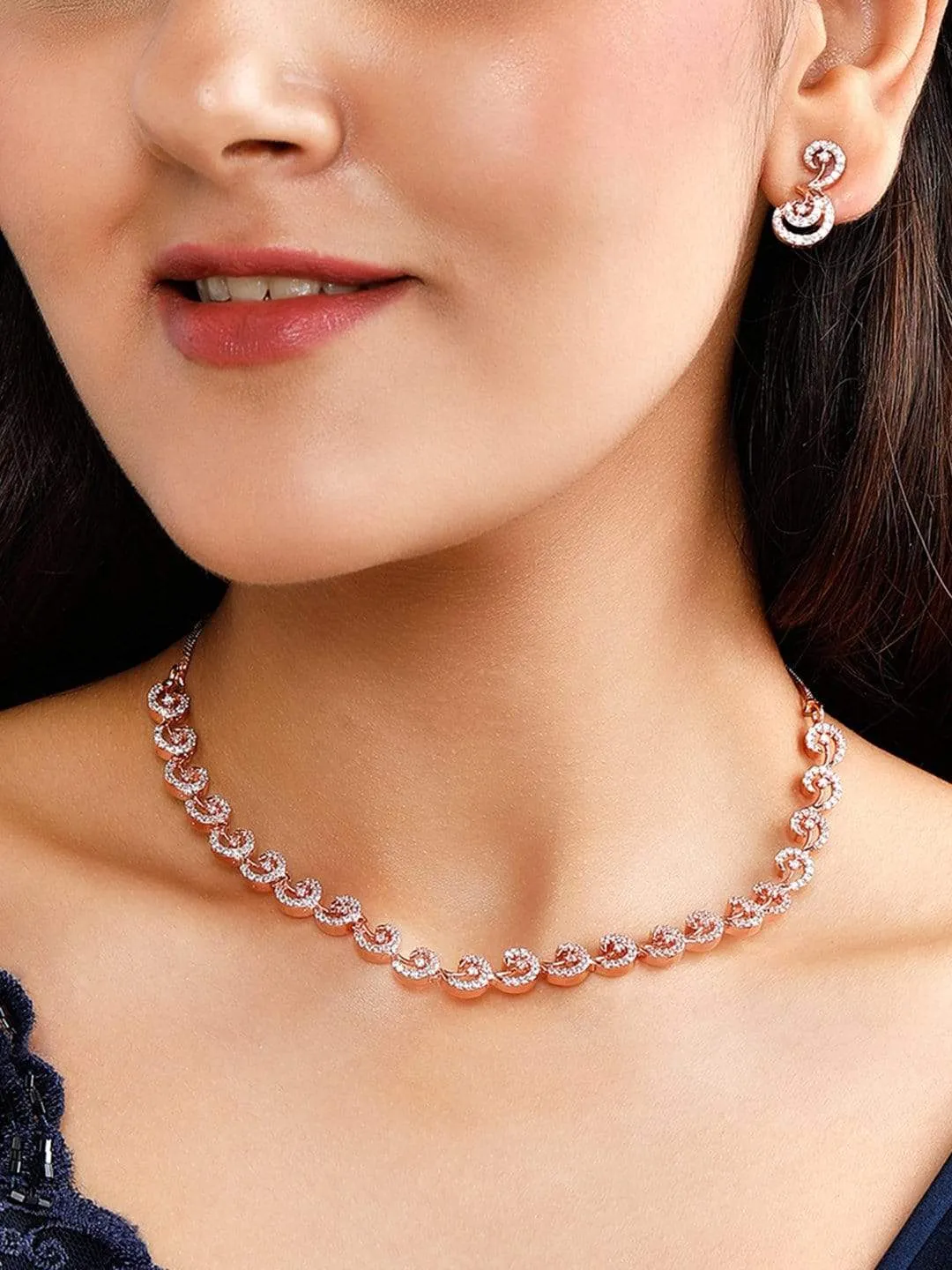 Rubans Rose Gold Plated Zirconia Stone Studded Handcrafted Necklace Set.