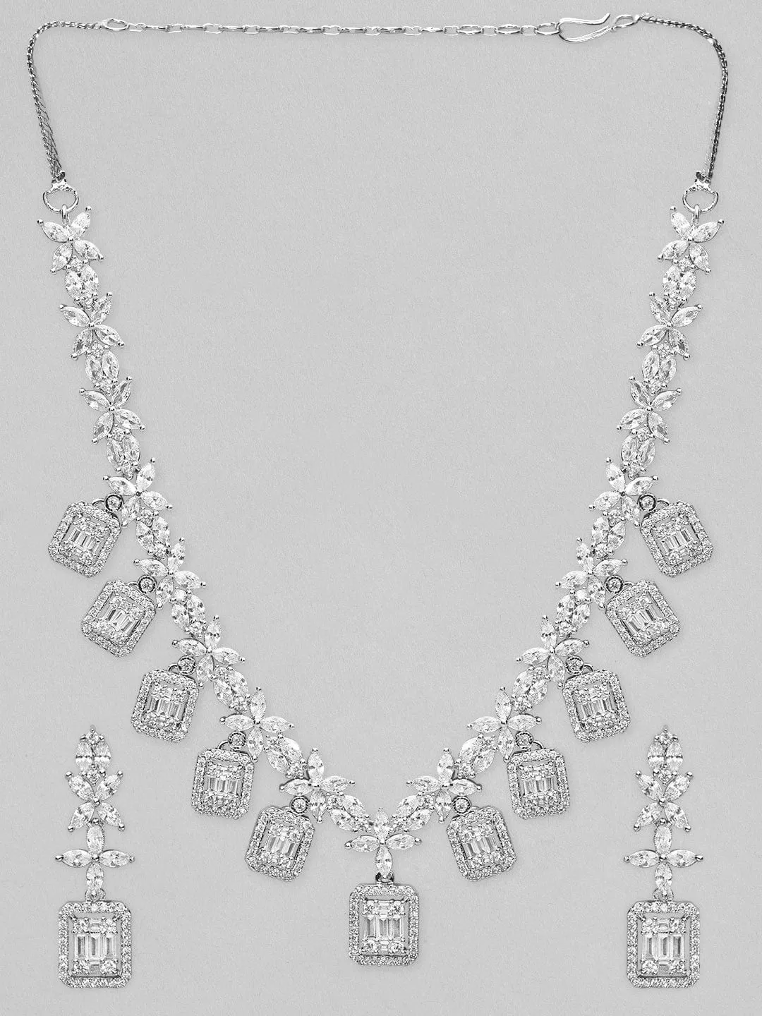 Rubans Silver Plated AD Studded Necklace Set