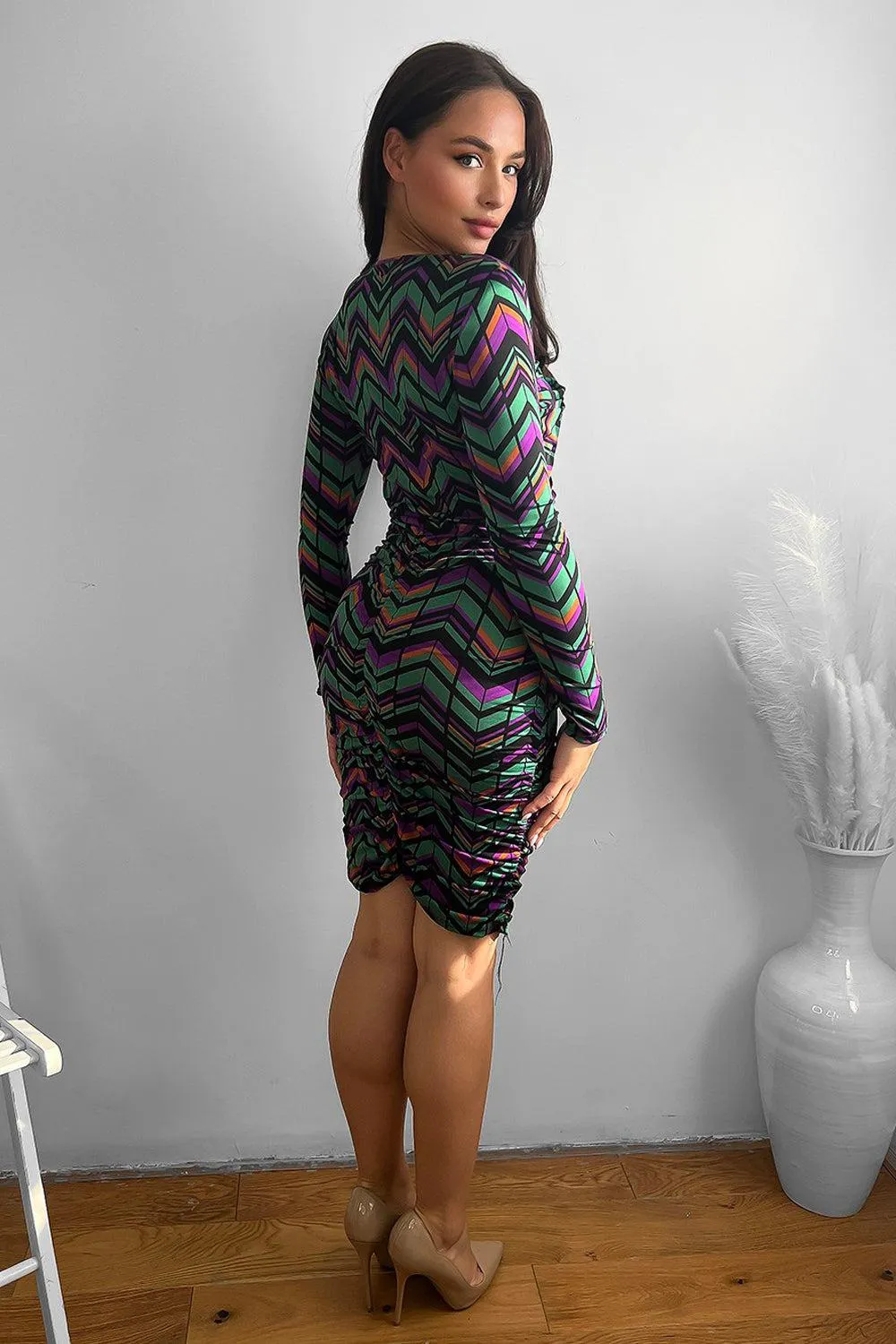 Ruched Skirt Side Drape Printed Slinky Dress