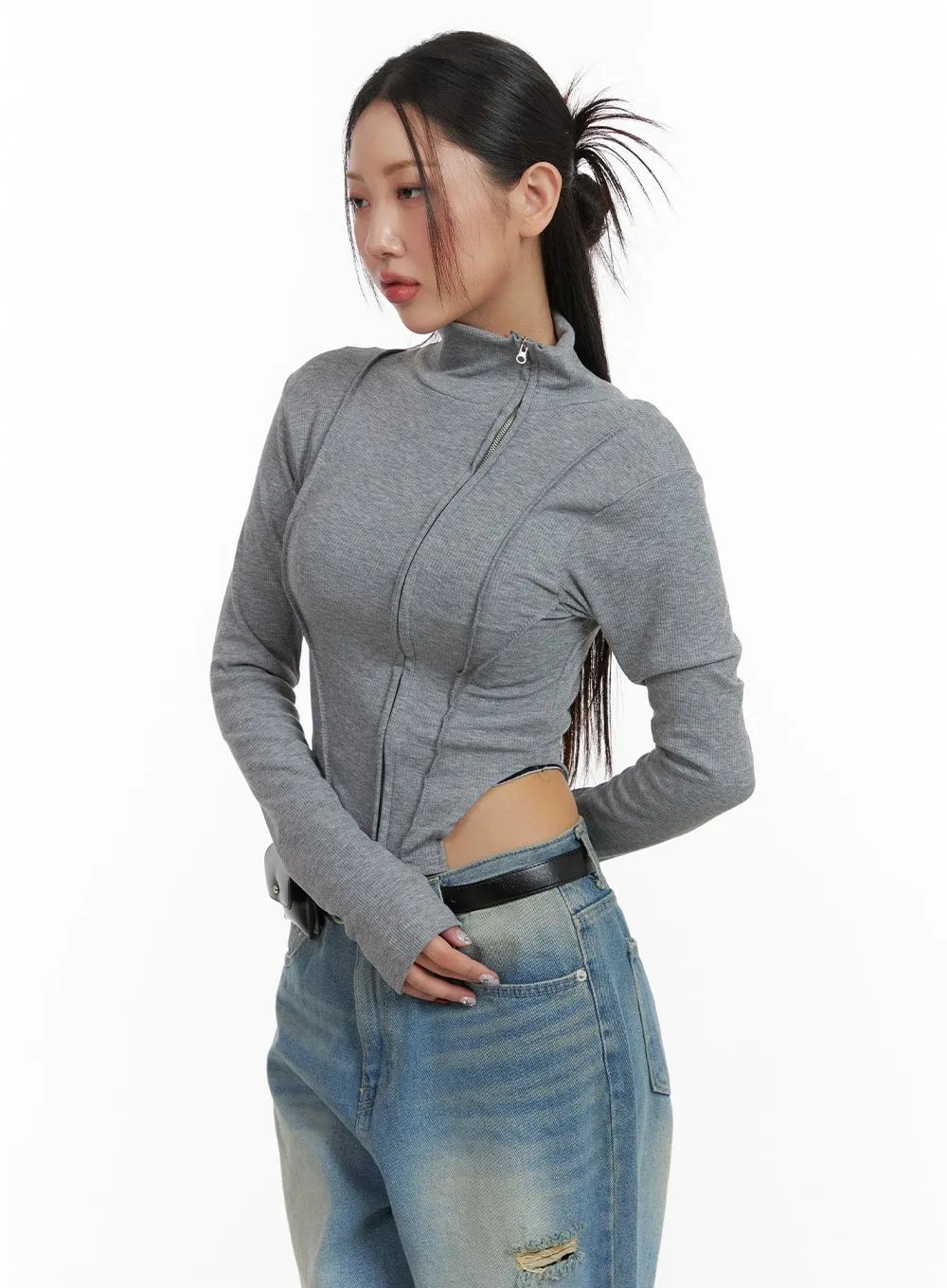 Side Zip-Up Turtle Neck Crop Top CA416