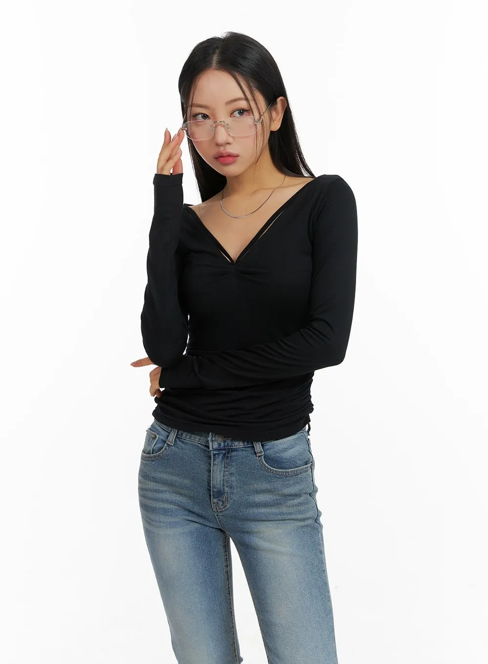 Slim Fit Shirred V-Neck Long Sleeve CM411