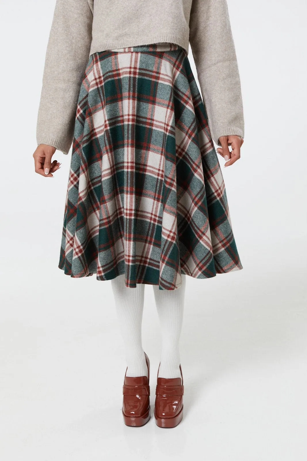 Sophie Green & White Woollen Check Tartan Midi Swing Skirt