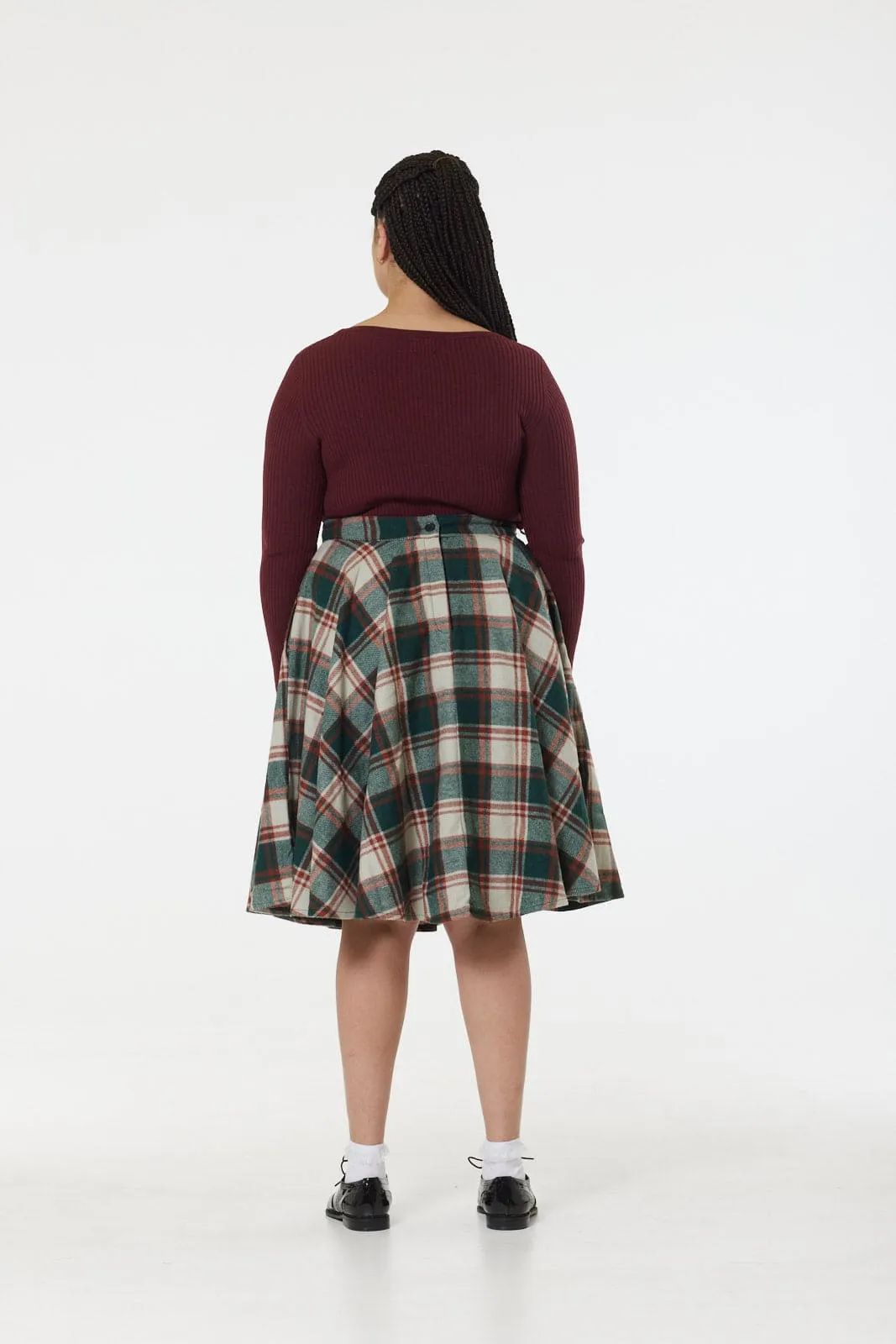 Sophie Green & White Woollen Check Tartan Midi Swing Skirt