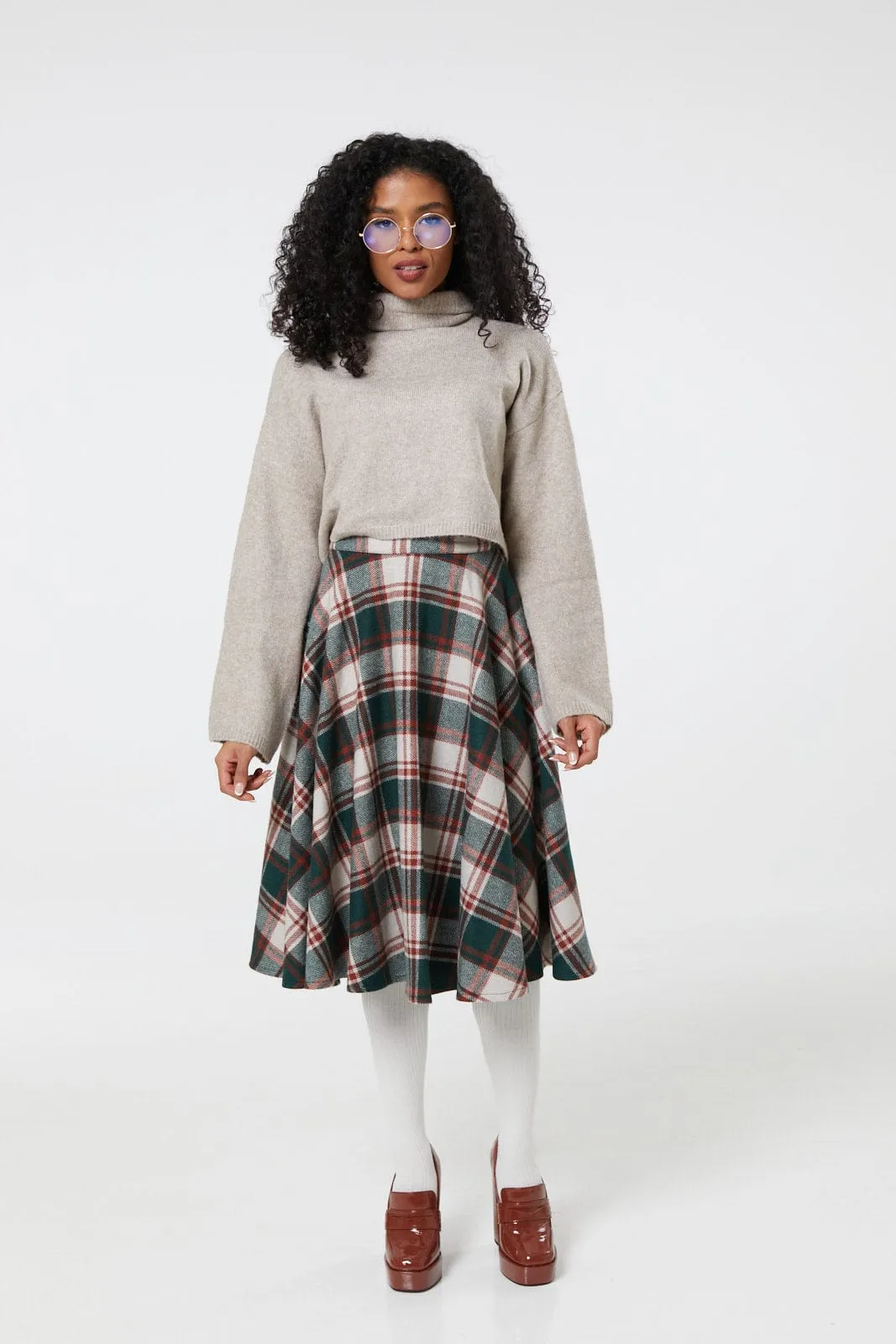 Sophie Green & White Woollen Check Tartan Midi Swing Skirt