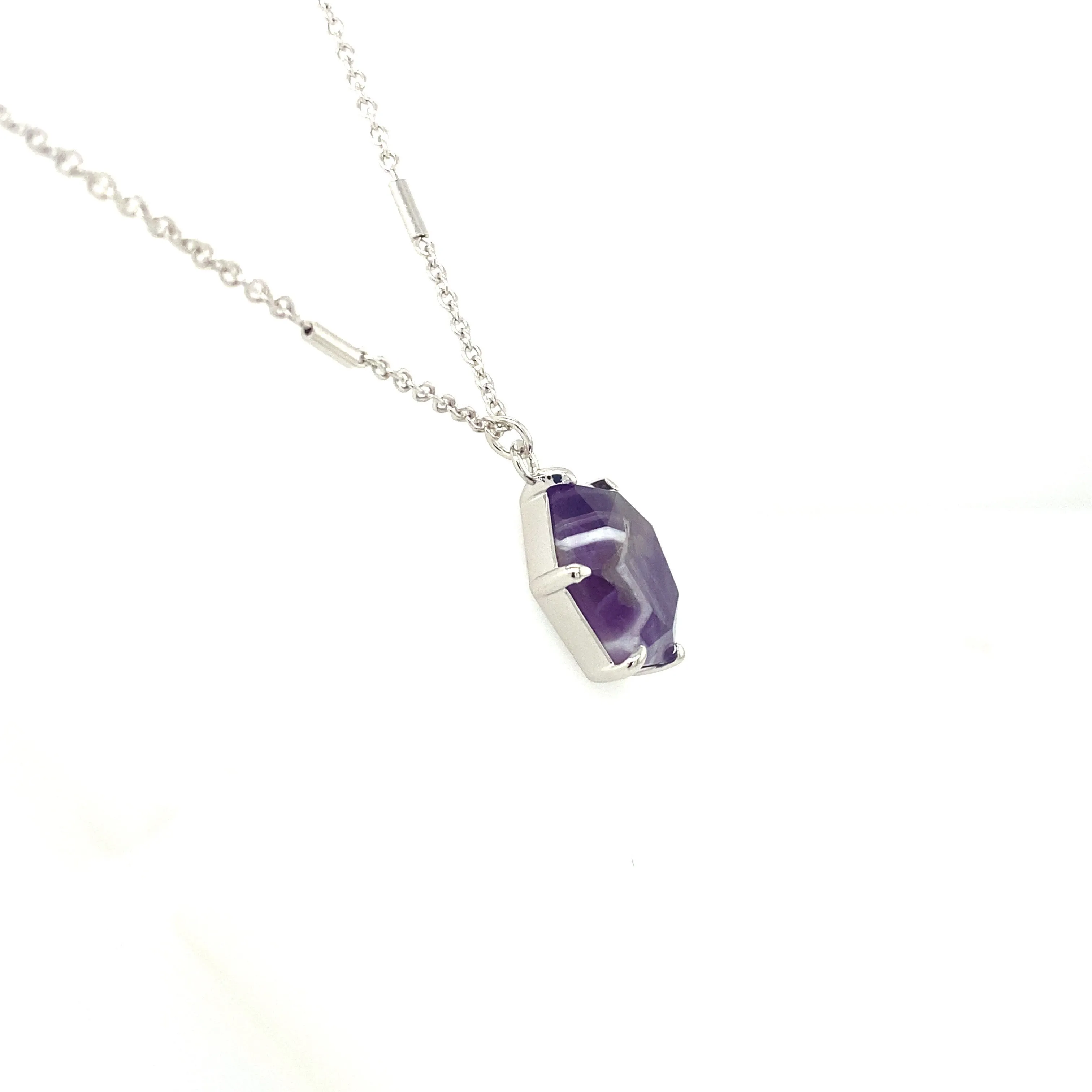 Sterling Silver Hexagon Chevron Amethyst Satellite Chain Necklace