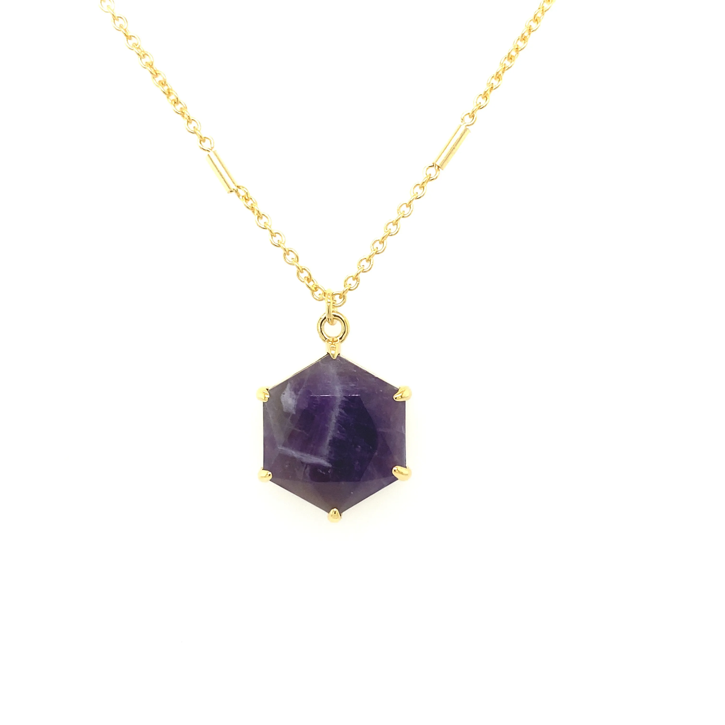 Sterling Silver Hexagon Chevron Amethyst Satellite Chain Necklace