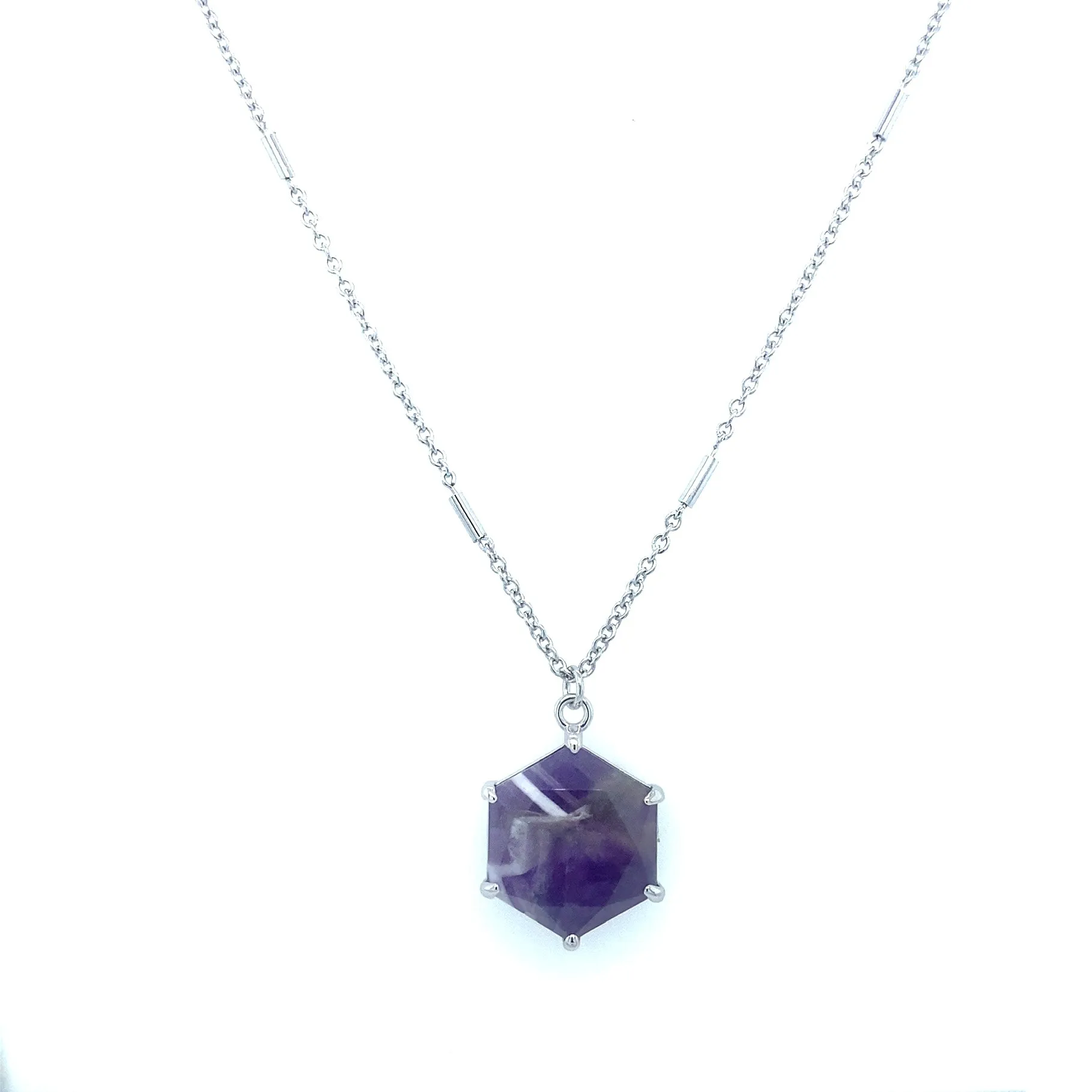 Sterling Silver Hexagon Chevron Amethyst Satellite Chain Necklace