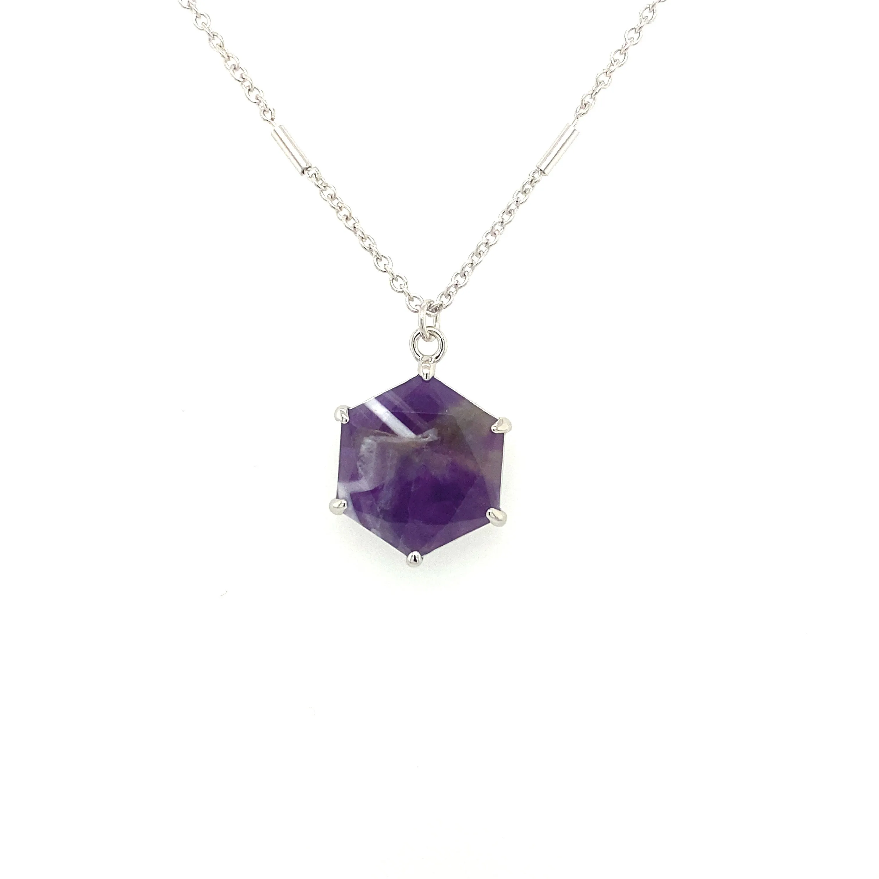 Sterling Silver Hexagon Chevron Amethyst Satellite Chain Necklace