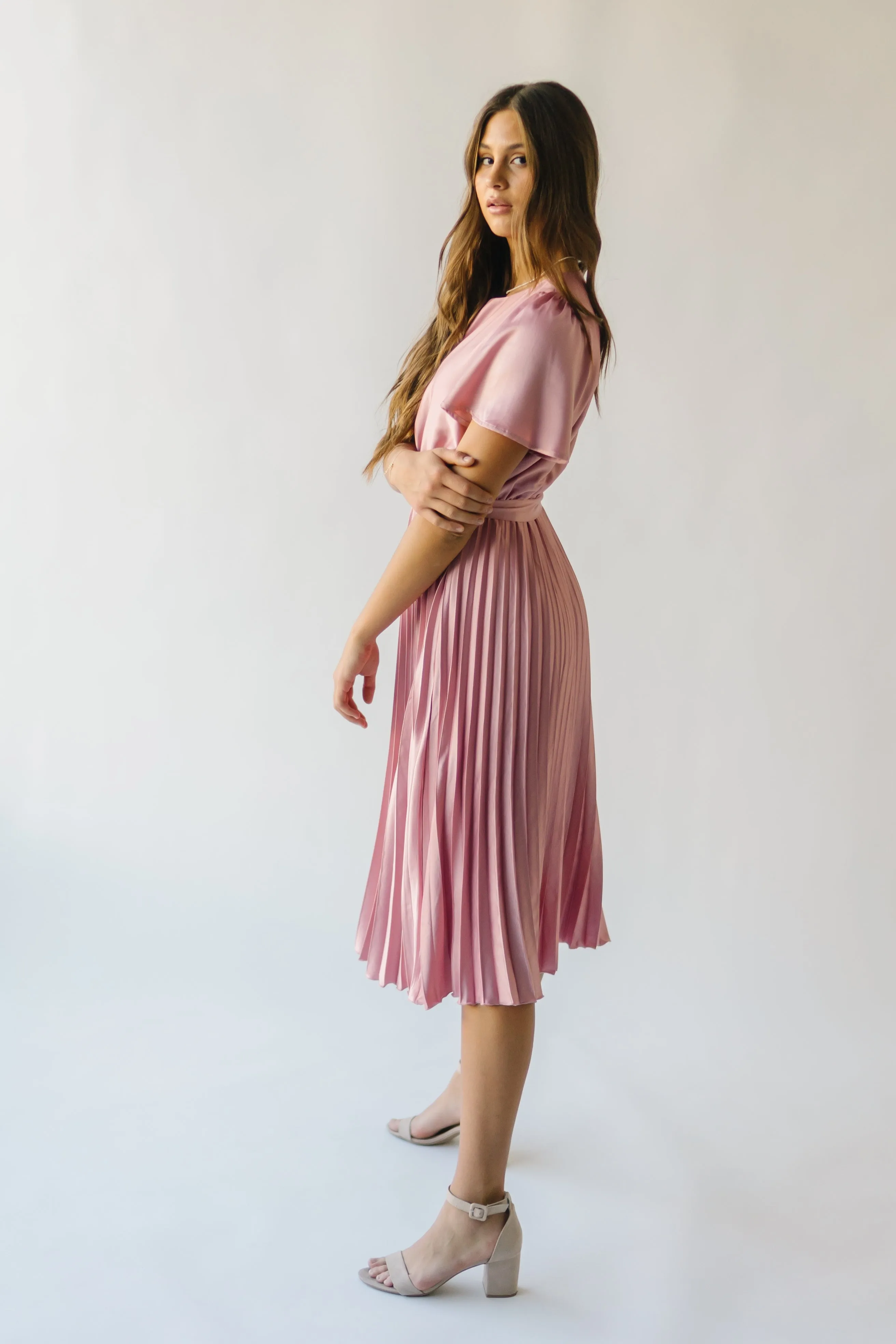 The Schertz Satin Pleated Midi Dress in Dusty Mauve