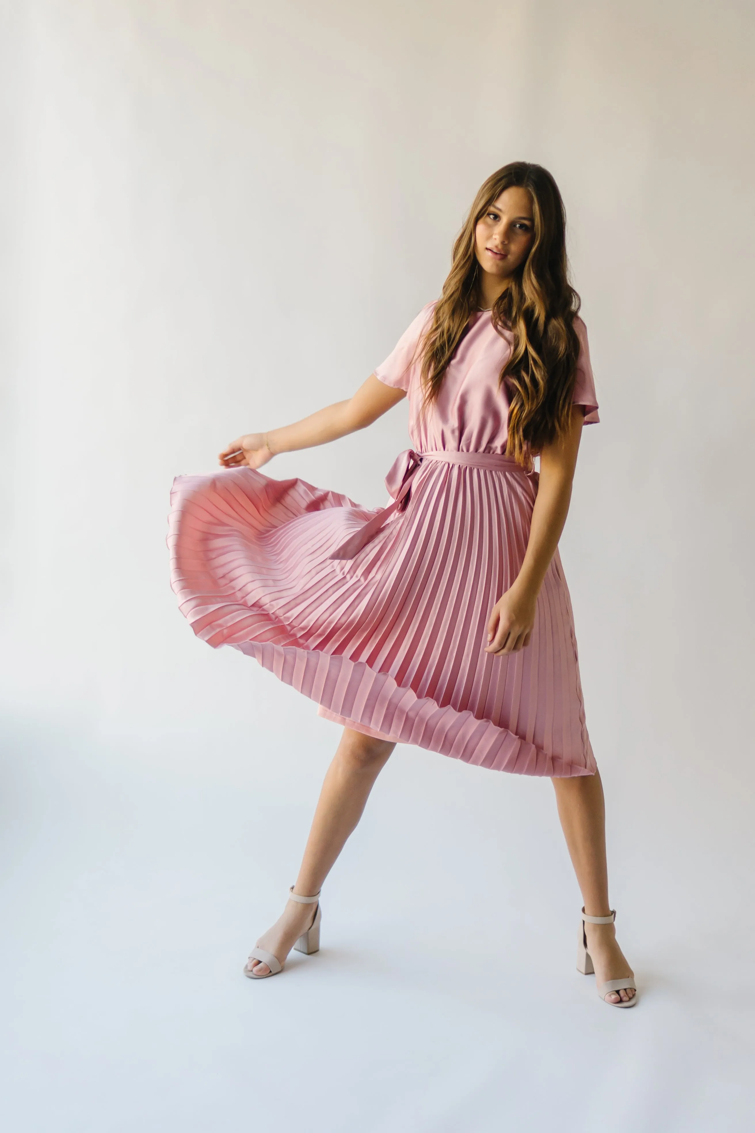 The Schertz Satin Pleated Midi Dress in Dusty Mauve