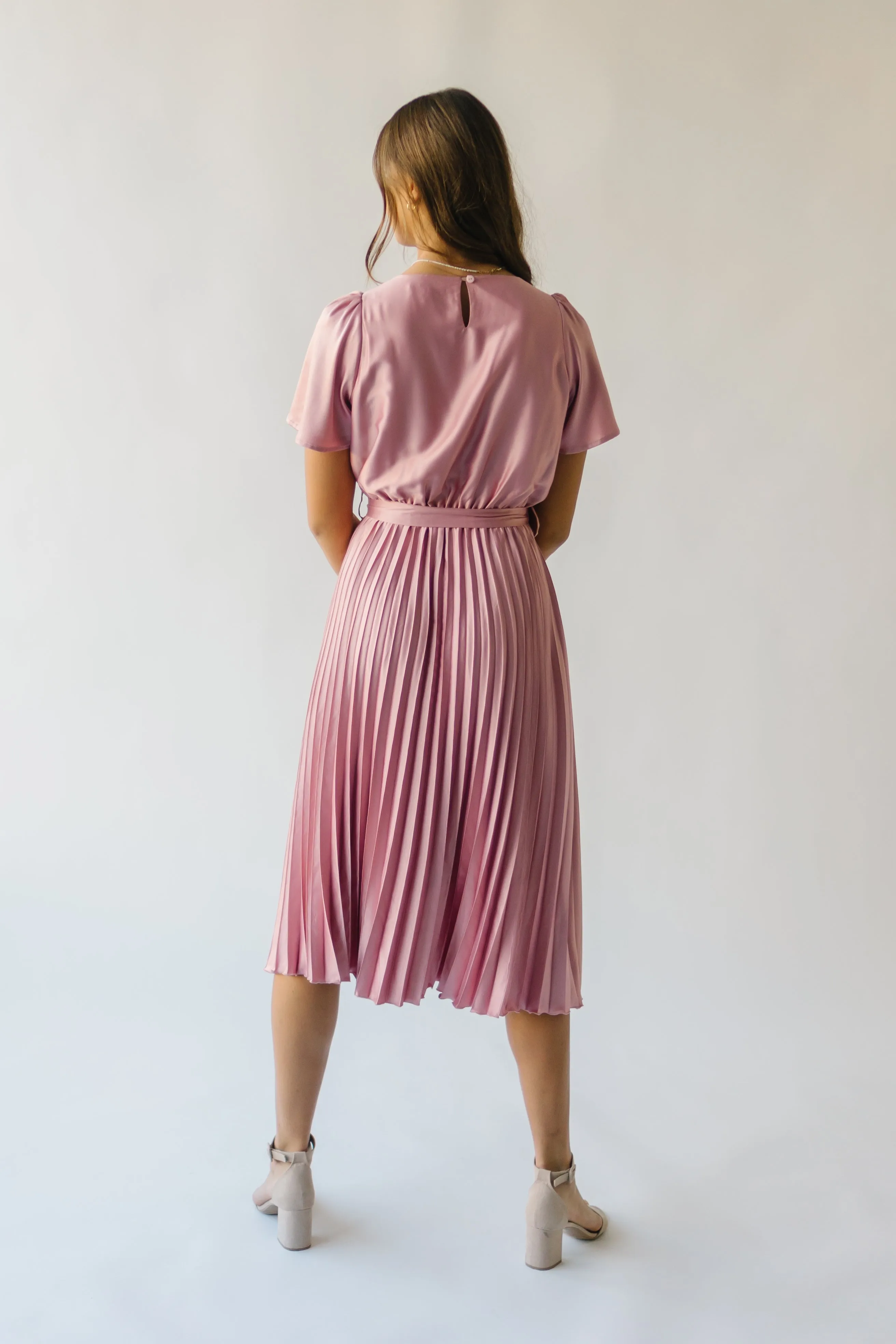 The Schertz Satin Pleated Midi Dress in Dusty Mauve