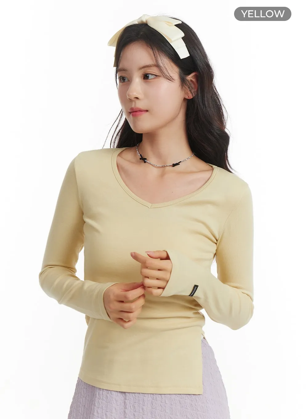 V-Neck Slit Long Sleeve Top OM404