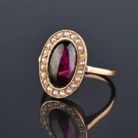 Victorian Pearl Halo Garnet Cabochon 14K Rose Gold Ring