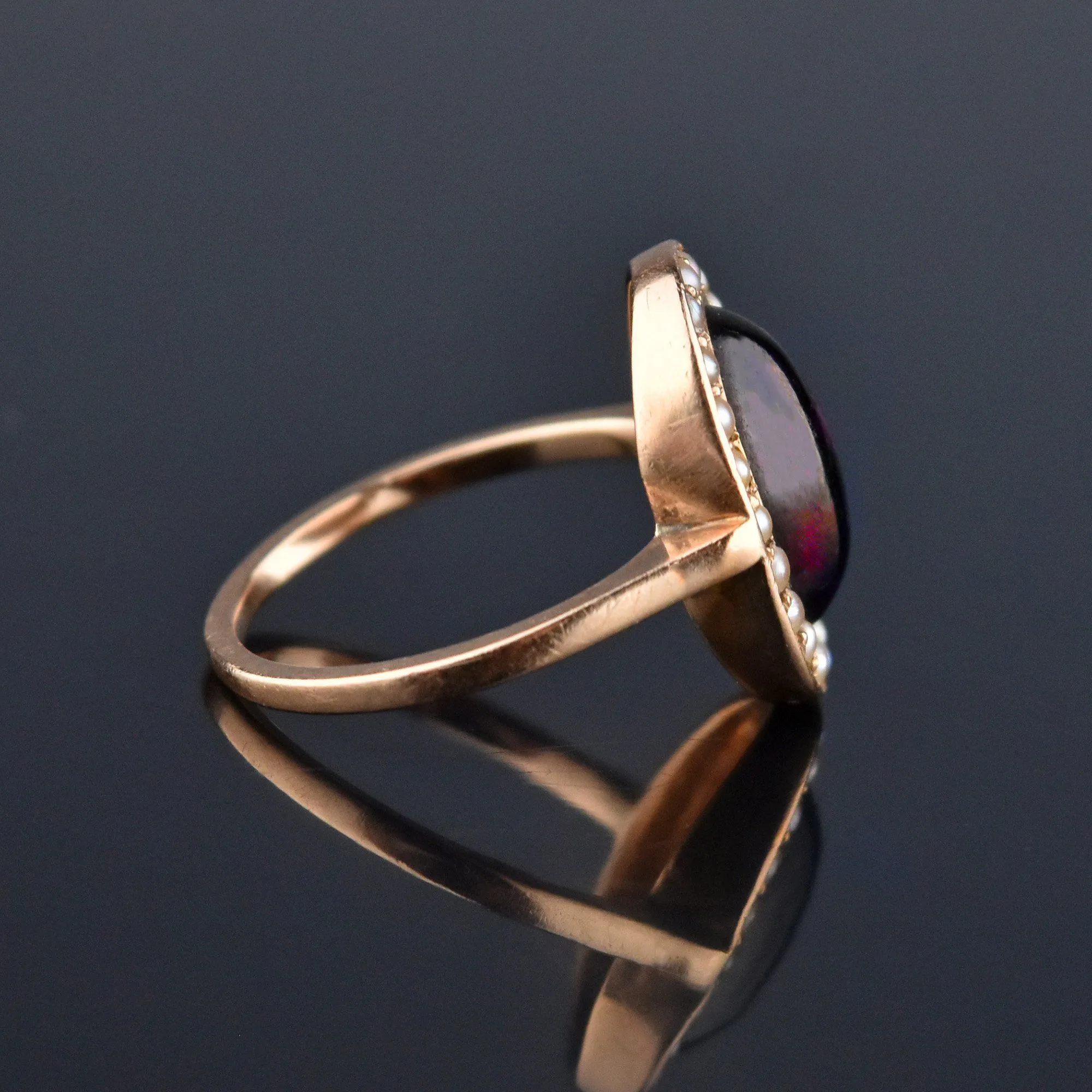 Victorian Pearl Halo Garnet Cabochon 14K Rose Gold Ring