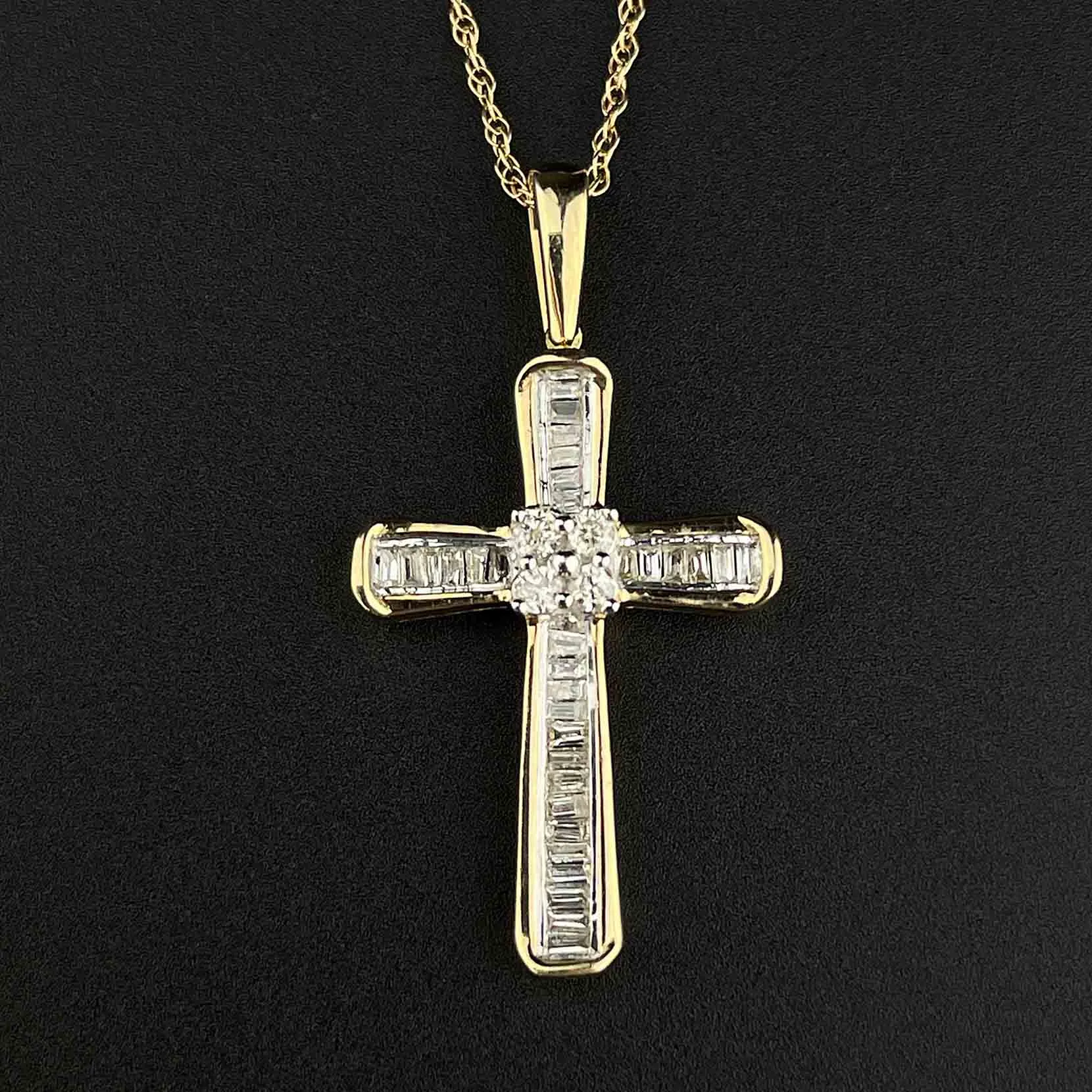 Vintage 10K Gold Baguette Diamond Cross Pendant Necklace