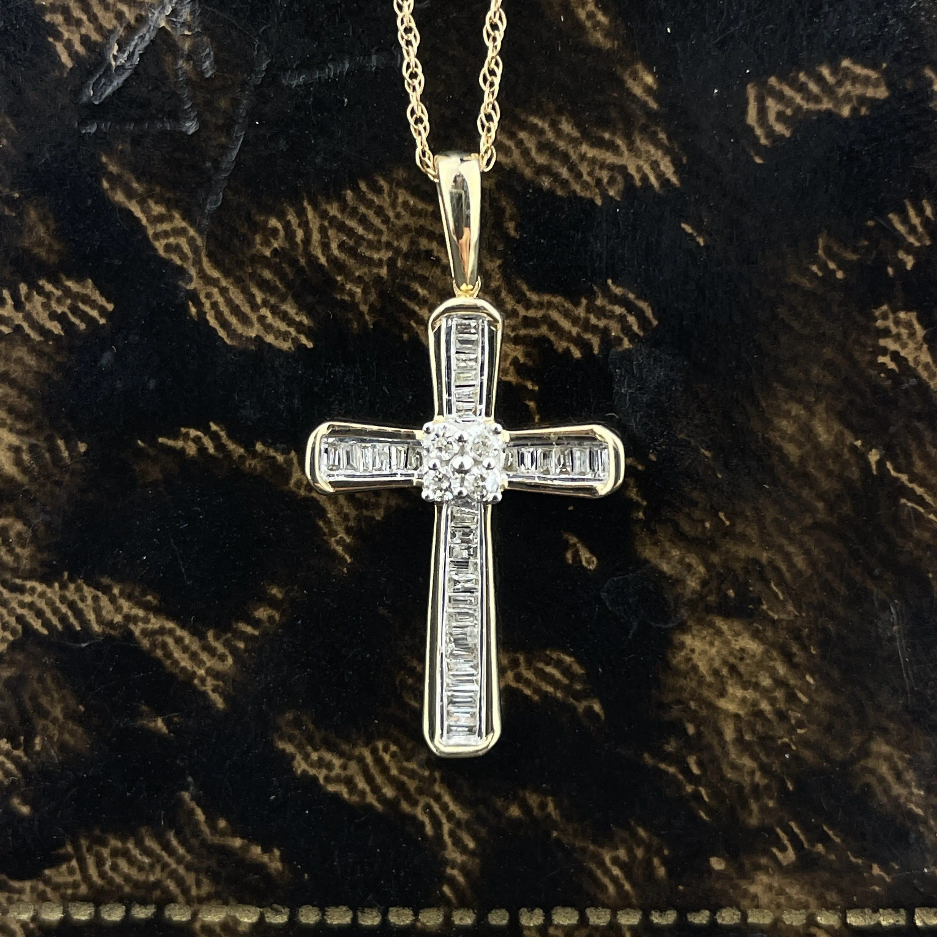 Vintage 10K Gold Baguette Diamond Cross Pendant Necklace