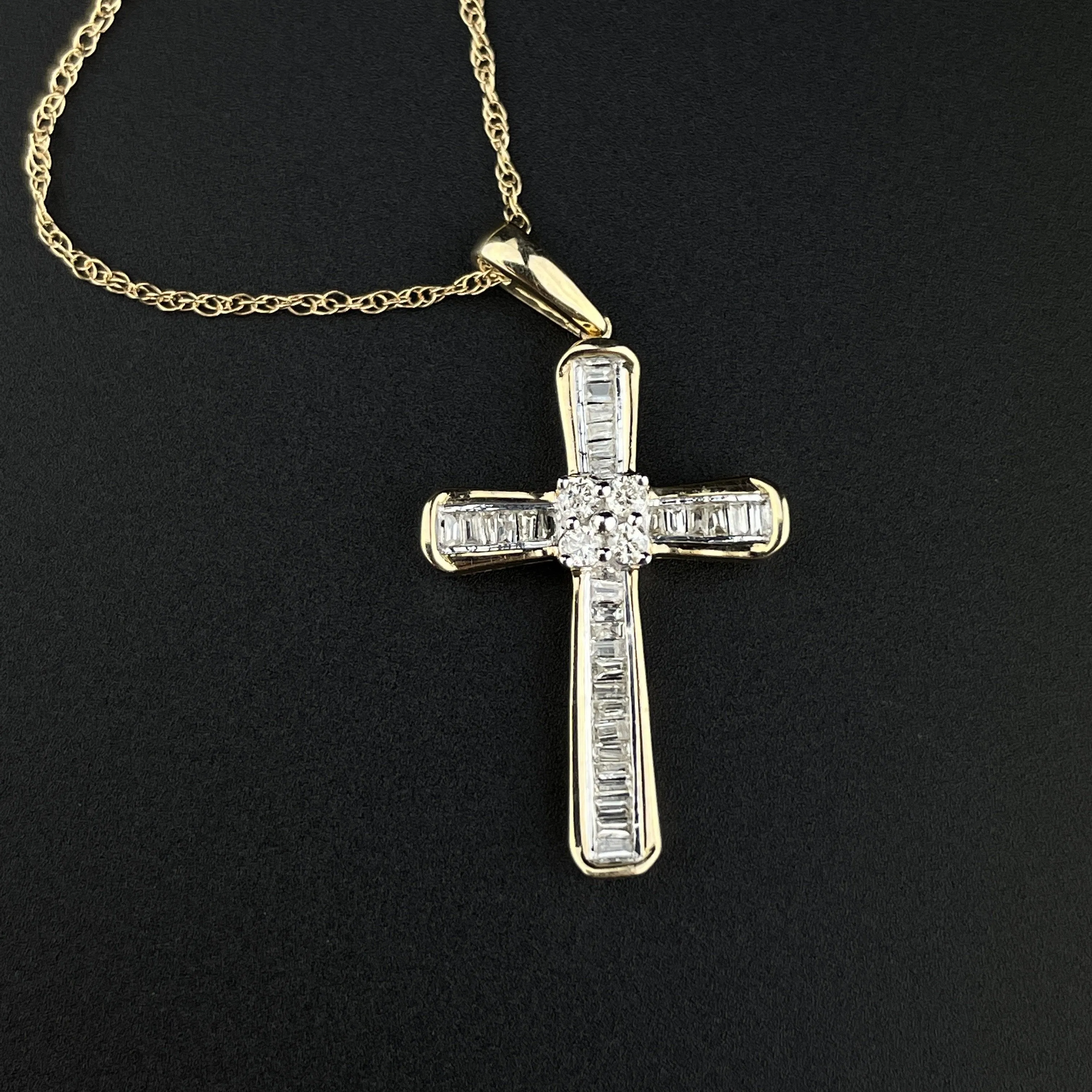 Vintage 10K Gold Baguette Diamond Cross Pendant Necklace