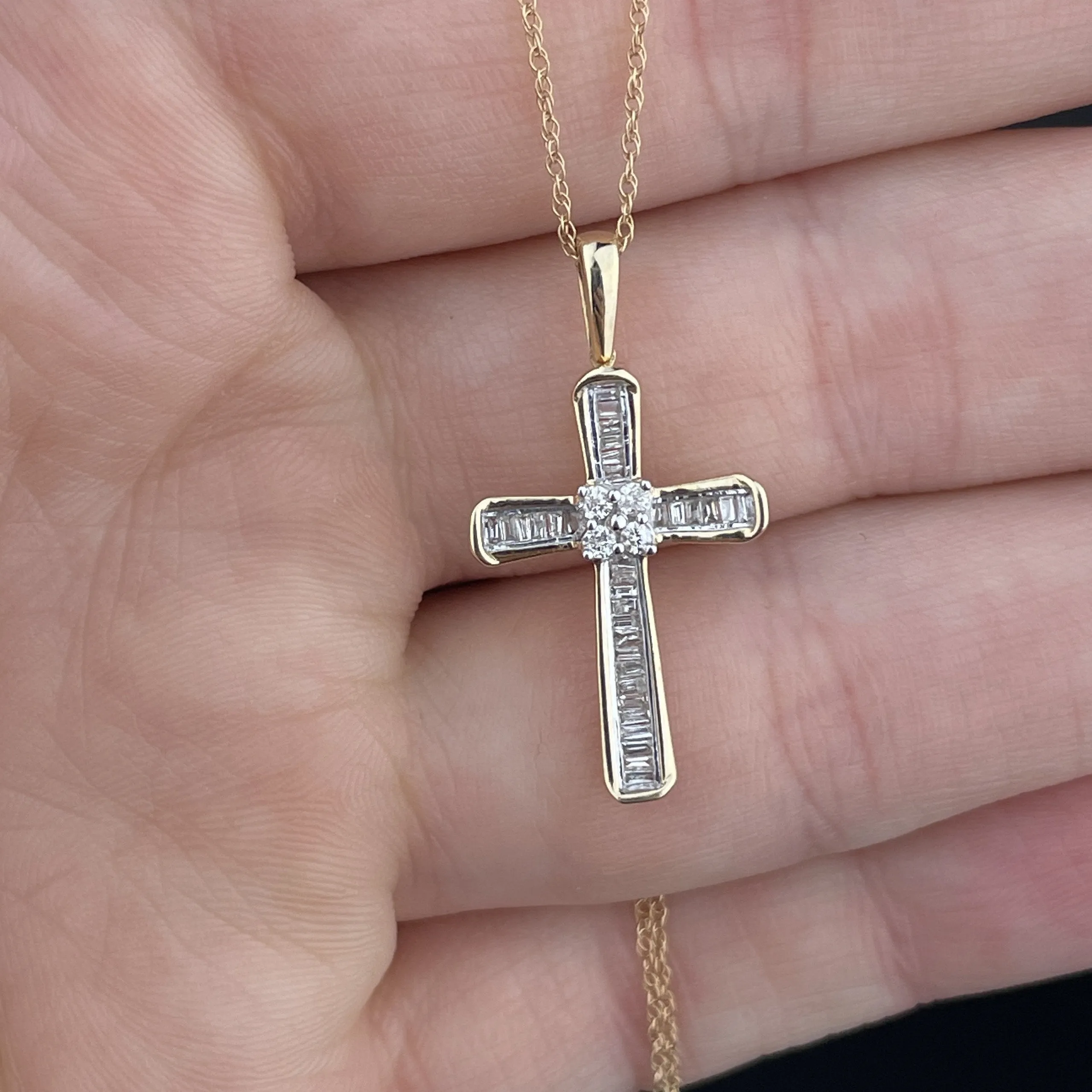 Vintage 10K Gold Baguette Diamond Cross Pendant Necklace