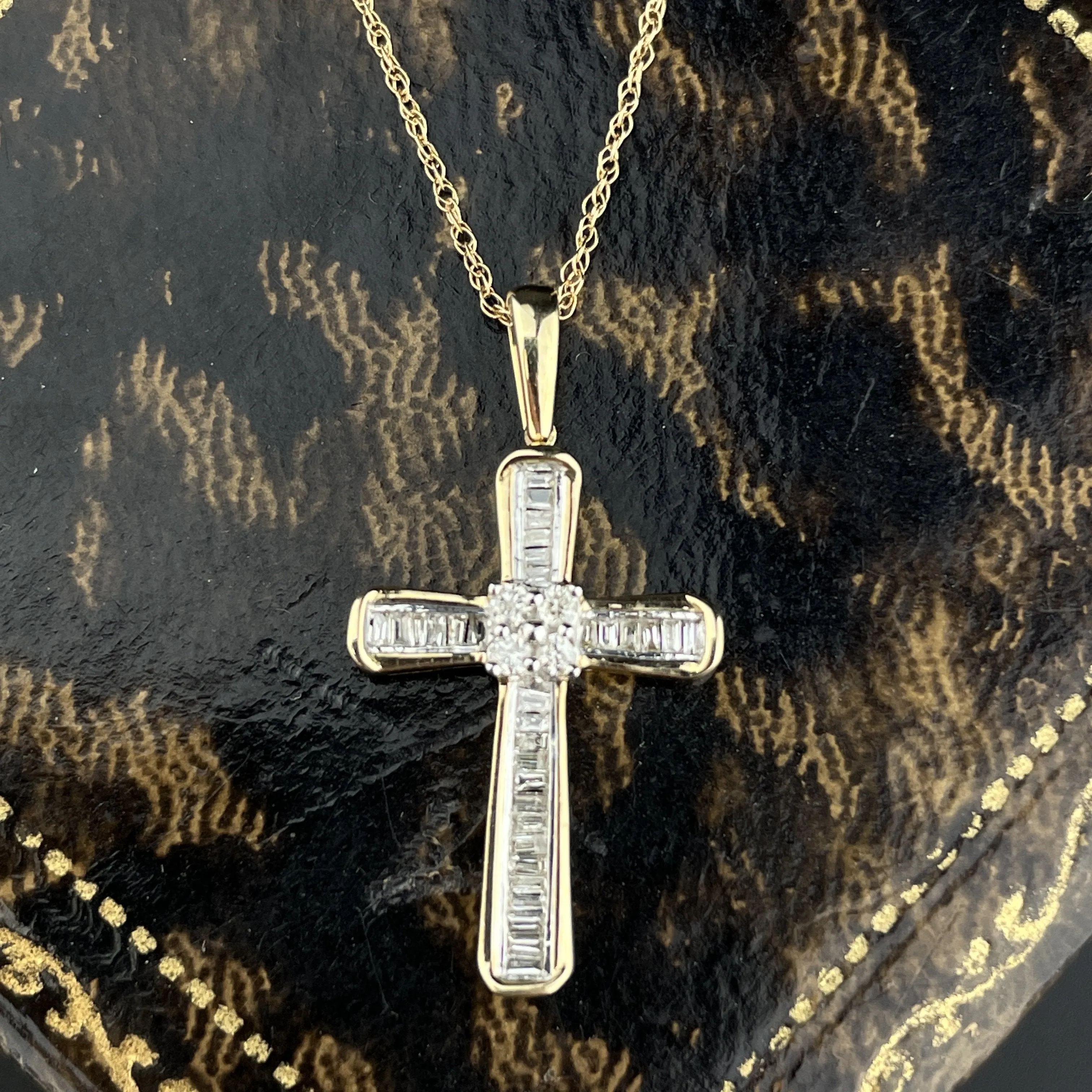 Vintage 10K Gold Baguette Diamond Cross Pendant Necklace