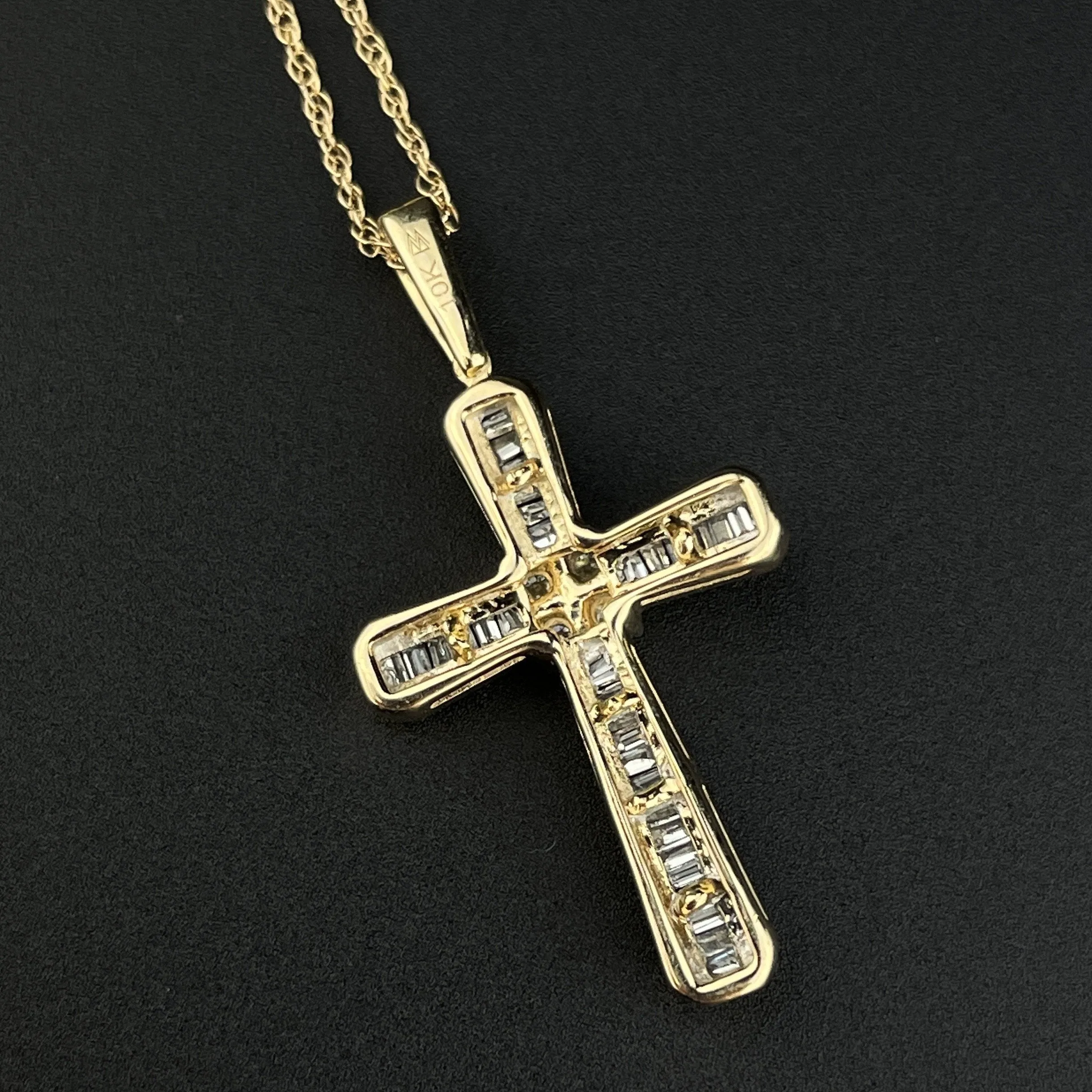 Vintage 10K Gold Baguette Diamond Cross Pendant Necklace