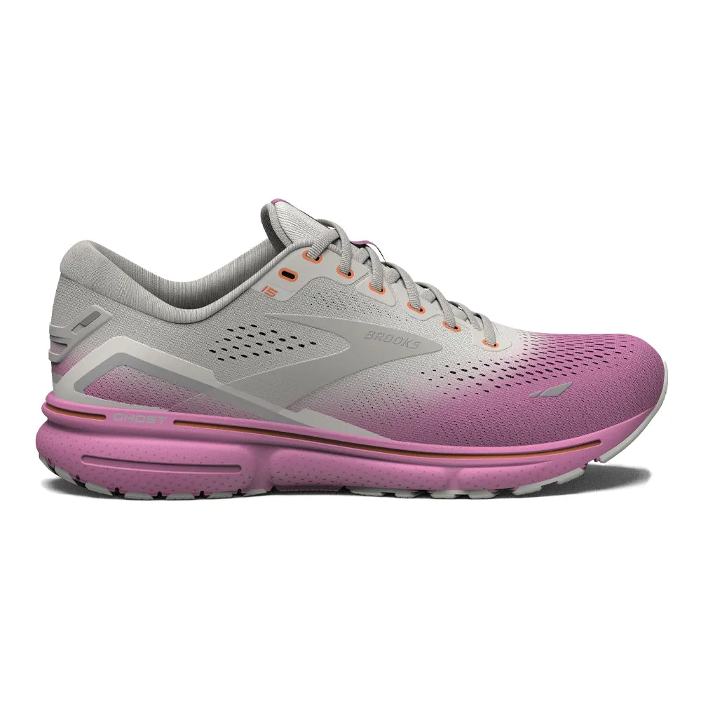 Women's Brooks Ghost 15, Grey/Coconut/Fuchsia, 11.5 B Medium